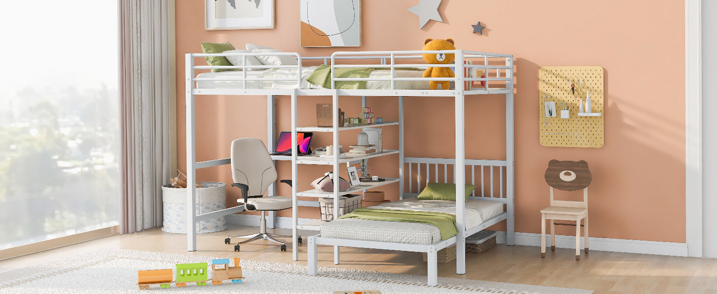 Full Over Twin Metal Bunk Bed with Built-in Desk, Shelves and Ladder, White