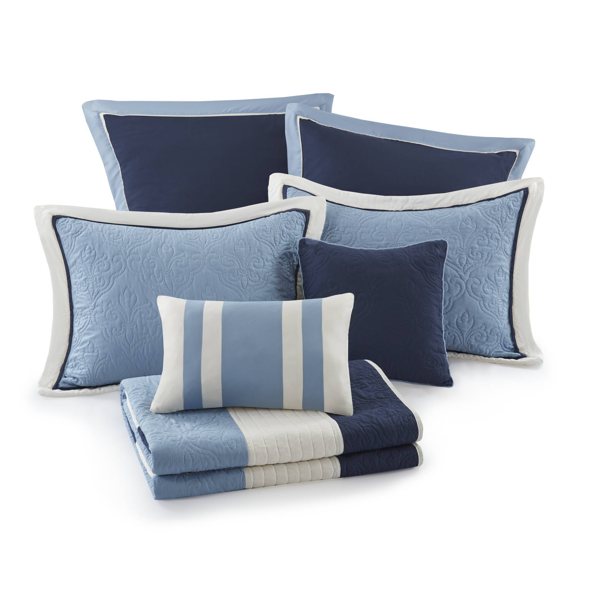 Attingham - King/California King 7 Piece Quilt Set With Euro Shams And Throw Pillows - Navy