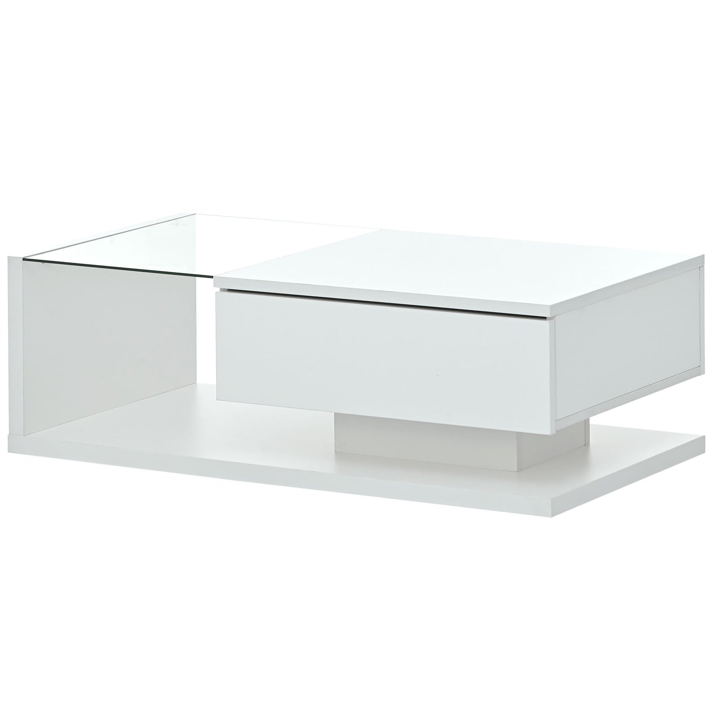 Modern Coffee Table with Tempered Glass, Wooden Cocktail Table with High-gloss UV Surface, Modernist 2-Tier Rectangle Center Table for Living Room, White