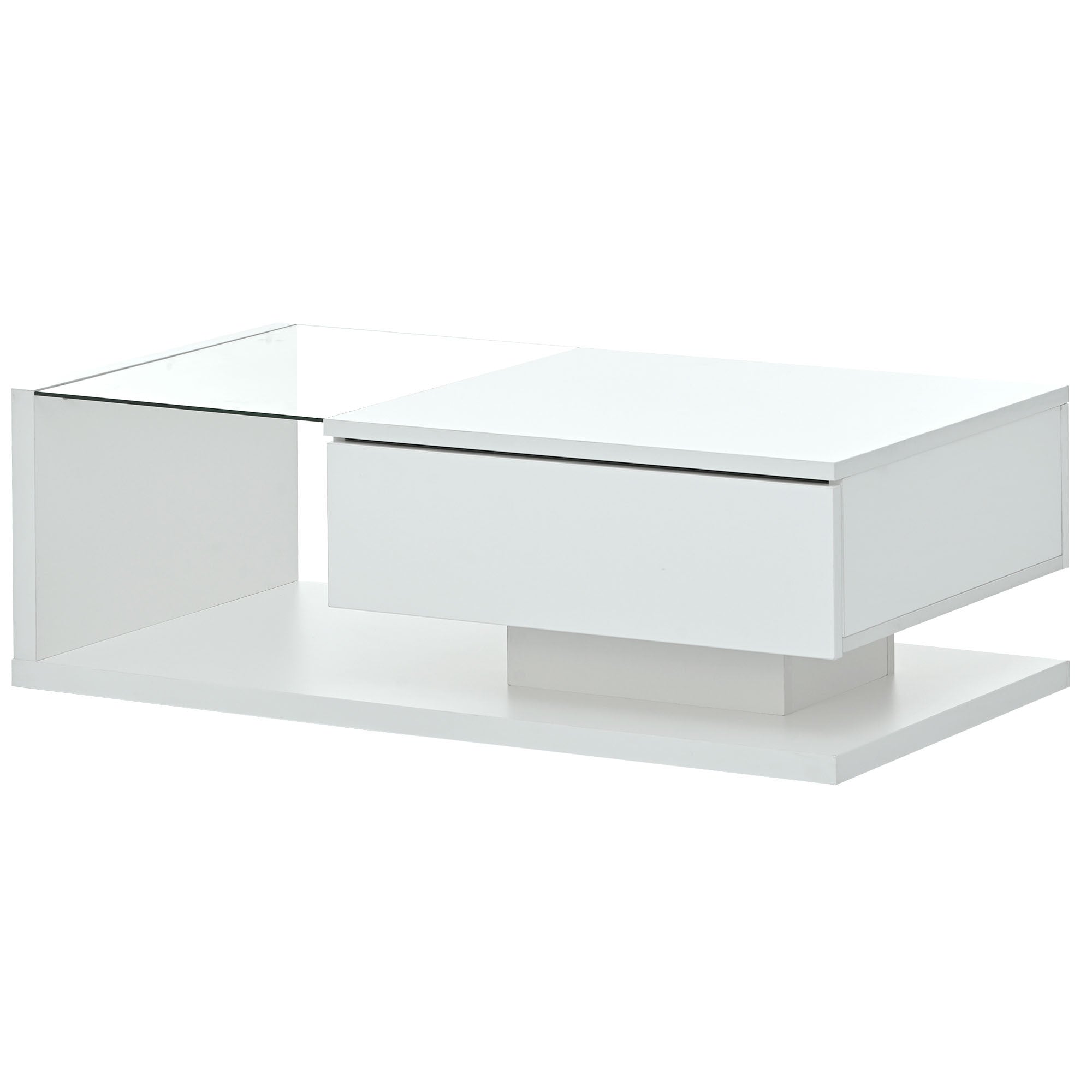 Modern Coffee Table with Tempered Glass, Wooden Cocktail Table with High-gloss UV Surface, Modernist 2-Tier Rectangle Center Table for Living Room, White