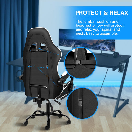 YSSOA Racing Video Backrest and Seat Height Recliner Gaming Office High Back Computer Ergonomic Adjustable Swivel Chair, With footrest, Black/White