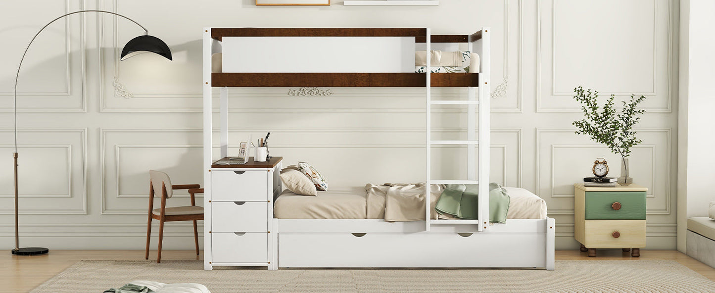 Twin-Over-Twin Bunk Bed with Twin size Trundle, Storage and Desk, White+Walnut