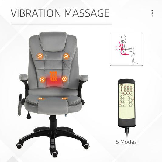 6 Point Vibration Massage Office Chair with Heat, High Back Executive Office Chair with Padded Armrests, Velvet Reclining Computer Chair, Gray