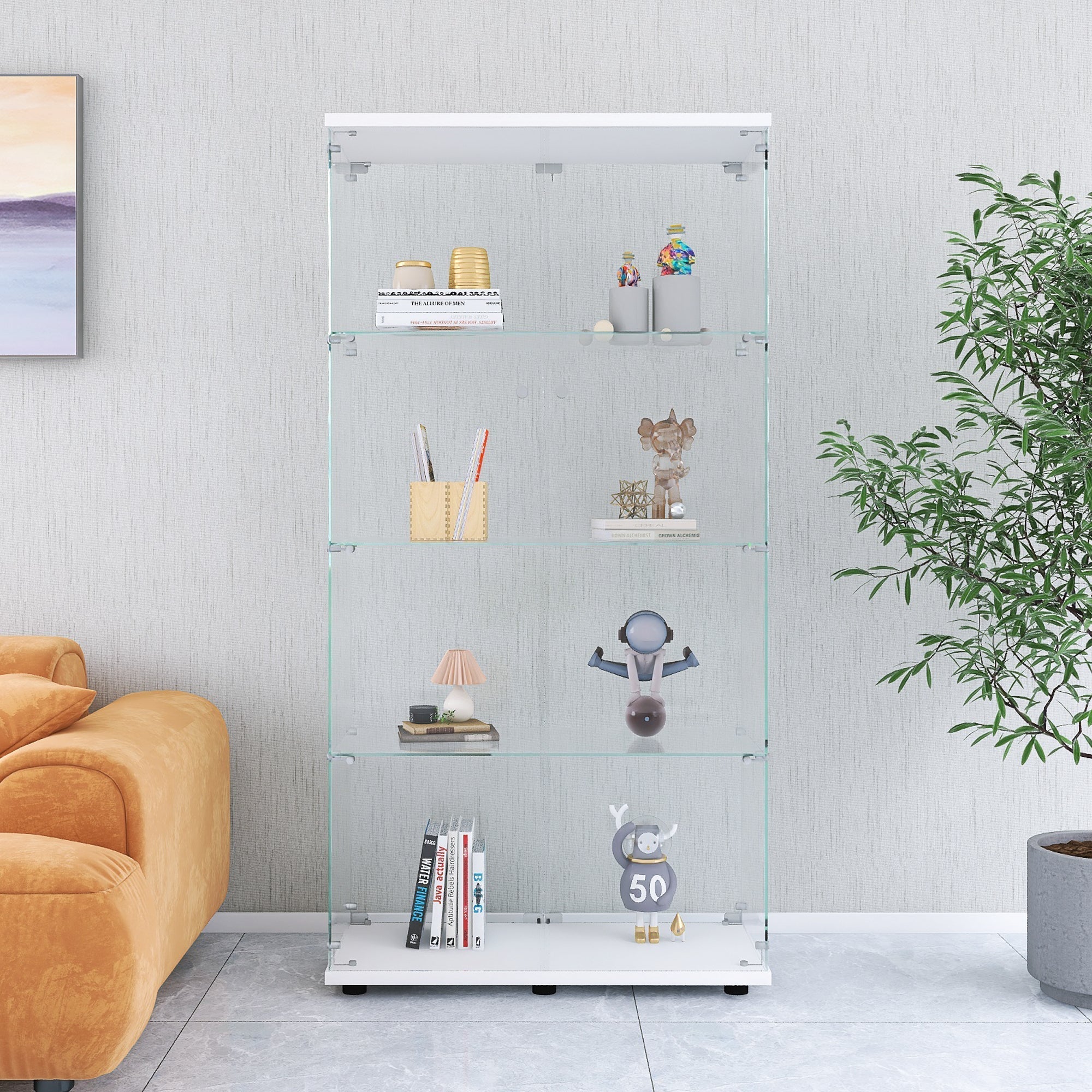 Two-door Glass Display Cabinet 4 Shelves with Door, Floor Standing Curio Bookshelf for Living Room Bedroom Office, 64.7"*31.7"*14.3", White