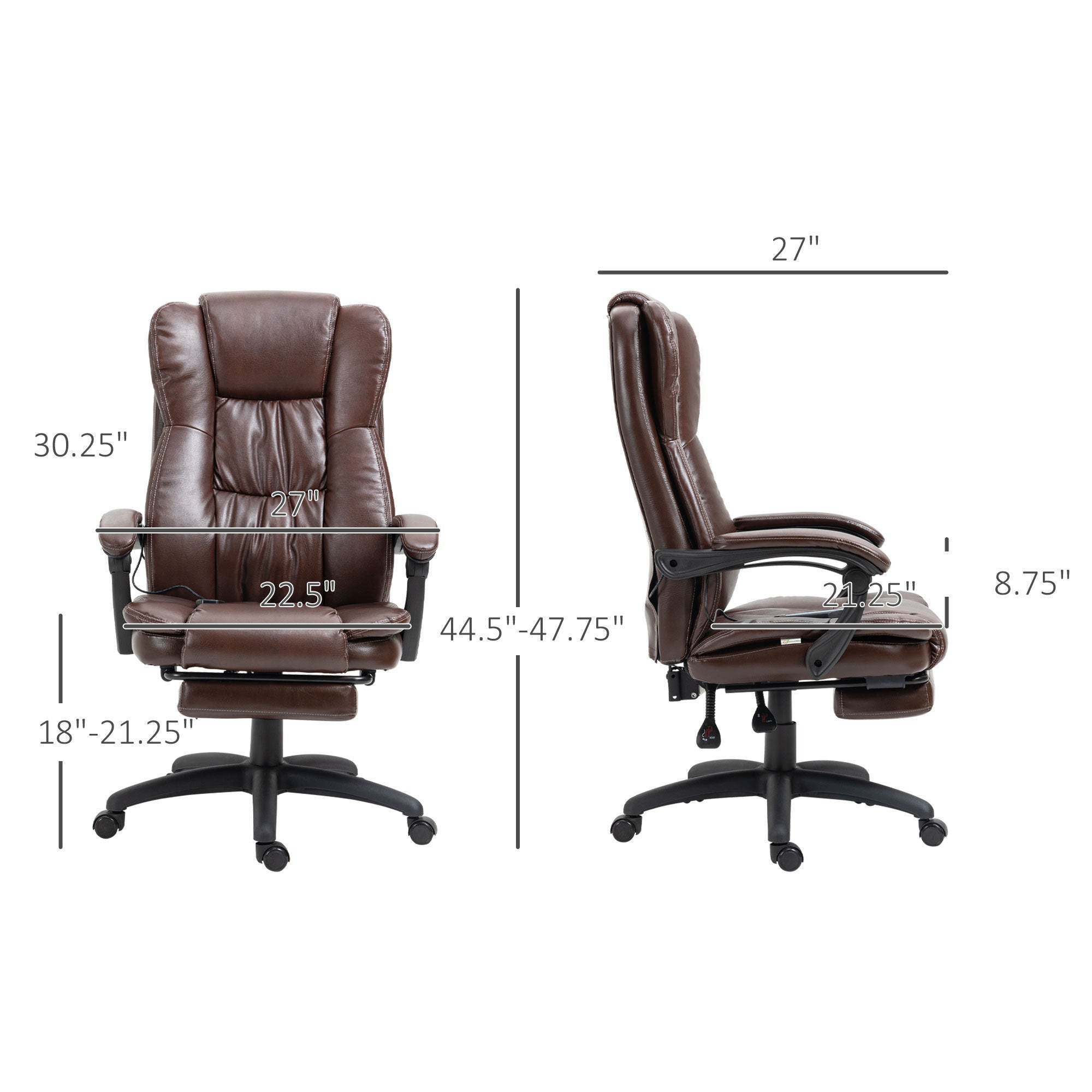 High Back Massage Office Chair with 6-Point Vibration, 5 Modes, Executive Chair, PU Leather Swivel Chair with Reclining Back, and Retractable Footrest, Brown