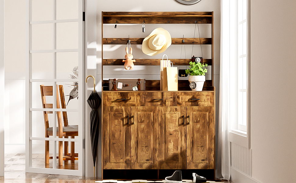 Minimalist 4 Door Shoe Cabinet With Coat Rack, 3 Drawers, 8 Shelves, Metal Hooks And Handles