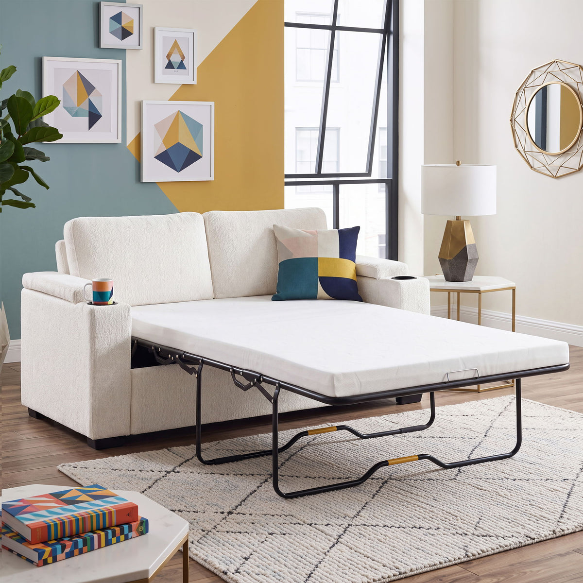 Pull Out Sofa Bed Loveseat With Twin Mattress, Cup Holders And Arm Storage