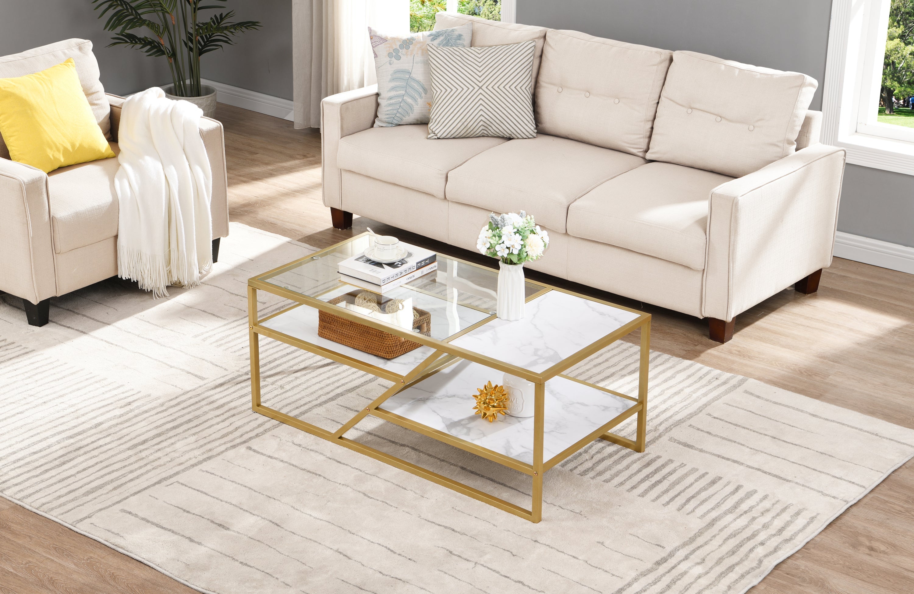 Golden Coffee Table with Storage Shelf, Tempered Glass Coffee Table with Metal Frame for Living Room&Bedroom