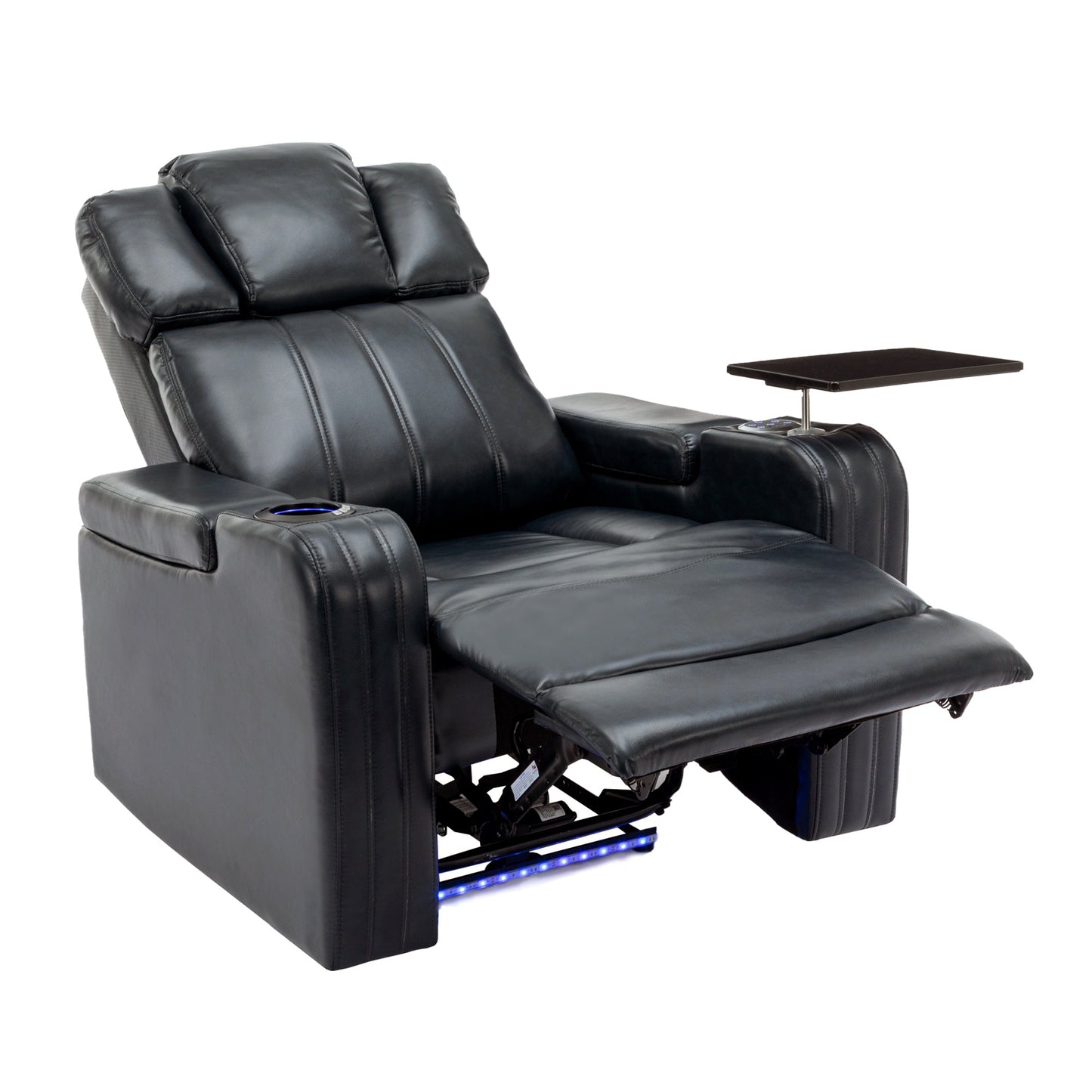 PU Leather Power Recliner Individual Seat Home Theater Recliner with Cooling Cup Holder, Bluetooth Speaker, LED Lights, USB Ports, Tray Table, Arm Storage for Living Room, Black