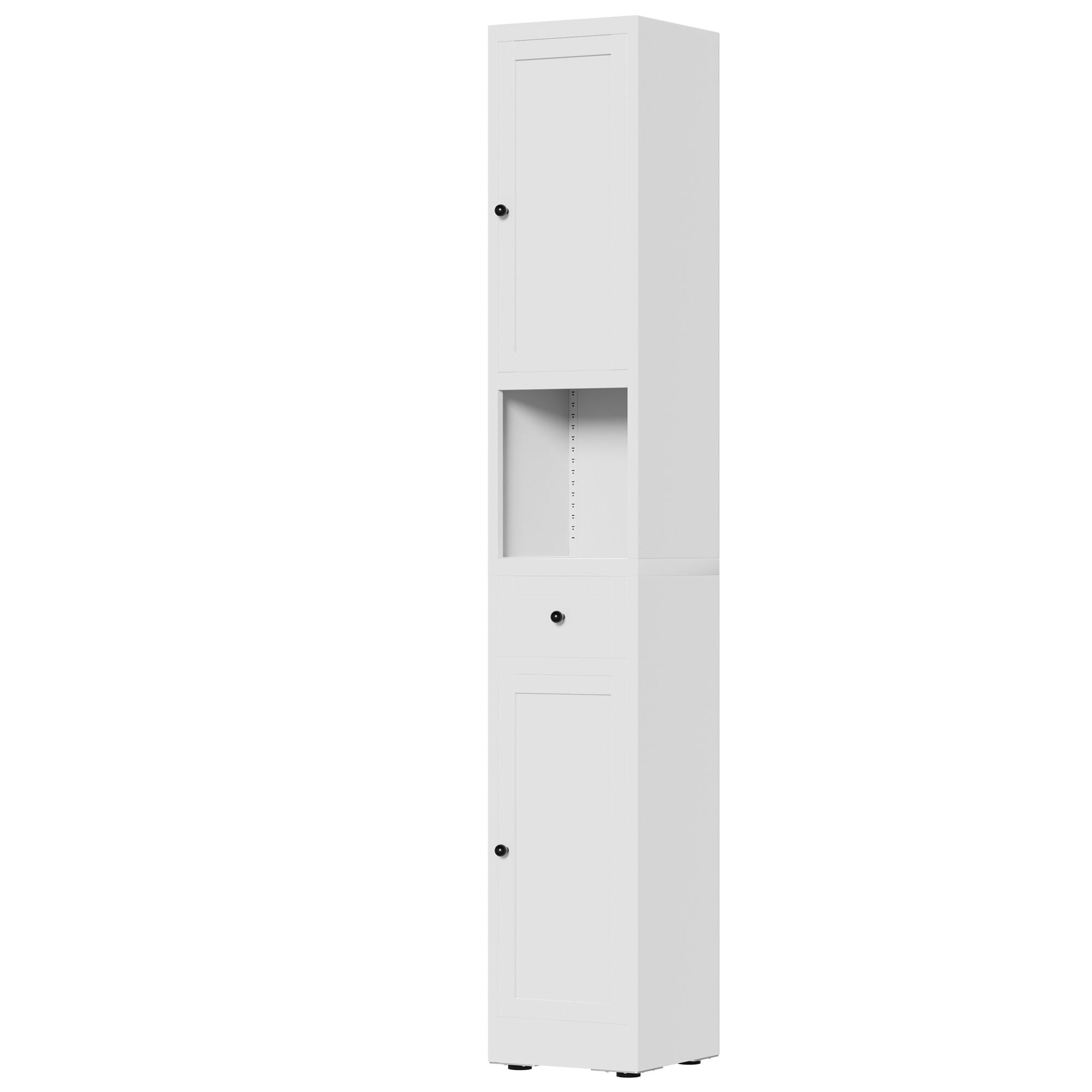 Tall Bathroom Storage Cabinet, 5-Tier Narrow With 2 Doors & Adjustable Shelves, Freestanding - White