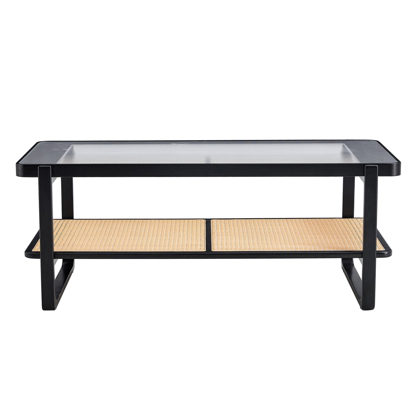 Modern minimalist rectangular double layer black solid wood imitation rattan coffee table with a Chinese style side table with craft glass tabletop, suitable for living rooms, restaurants, bedrooms