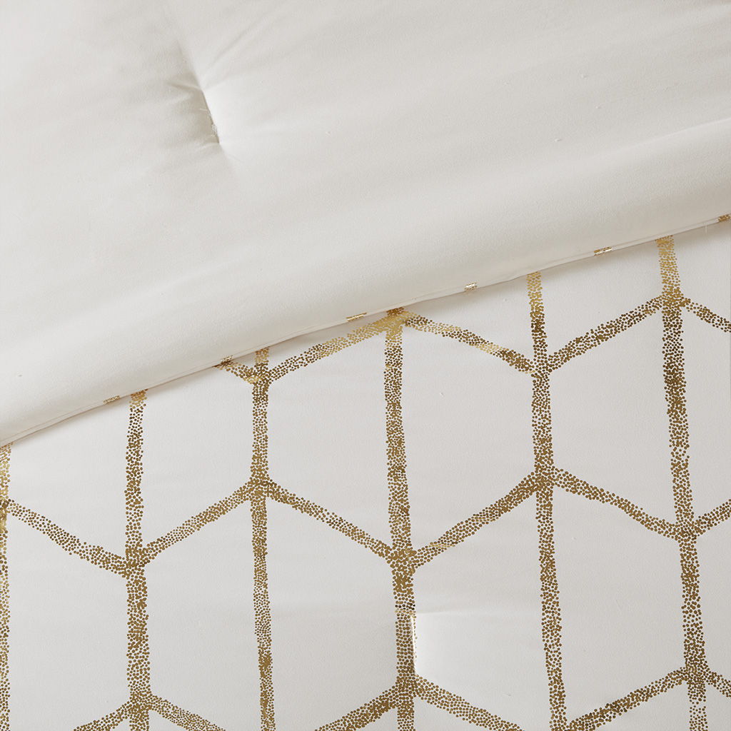 Raina - King Metallic Printed Comforter Set - Ivory / Gold