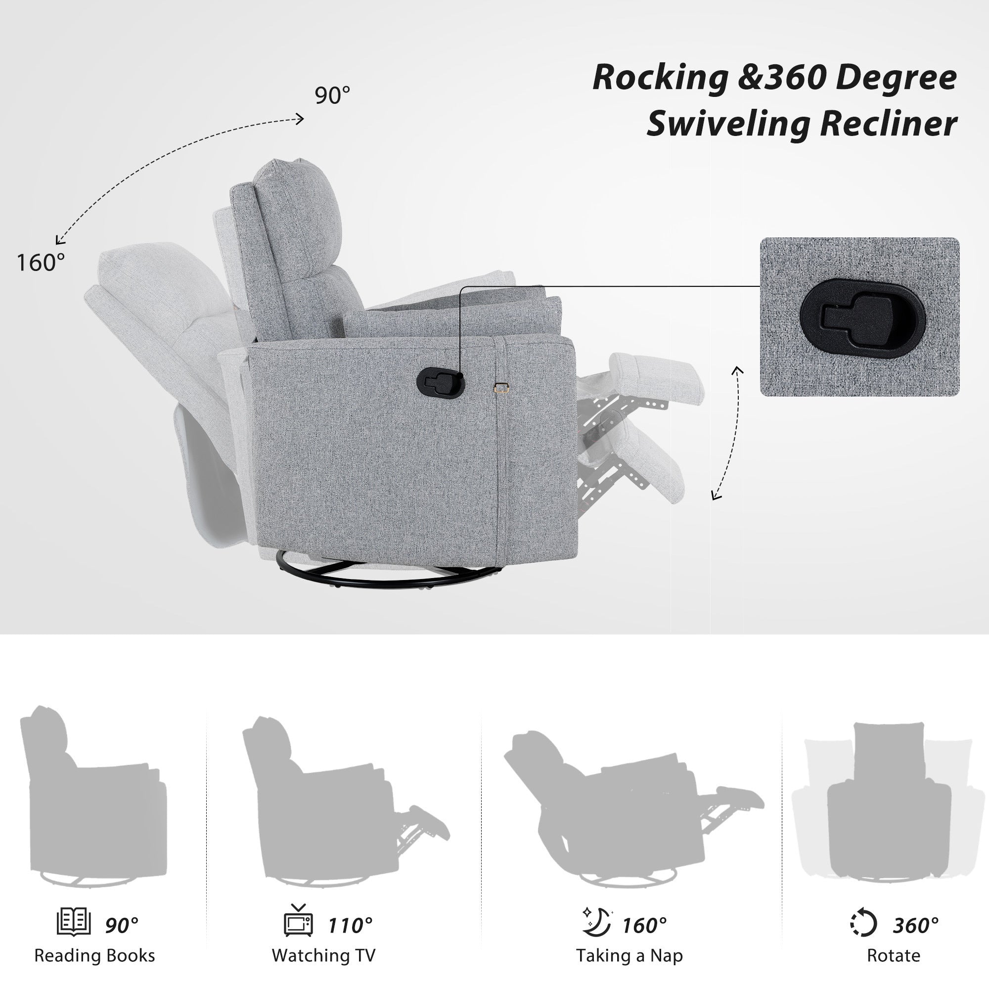 360 Degree Swivel Recliner Theater Recliner Manual Rocker Recliner Chair with Two Removable Pillows for Living Room, Dark Grey