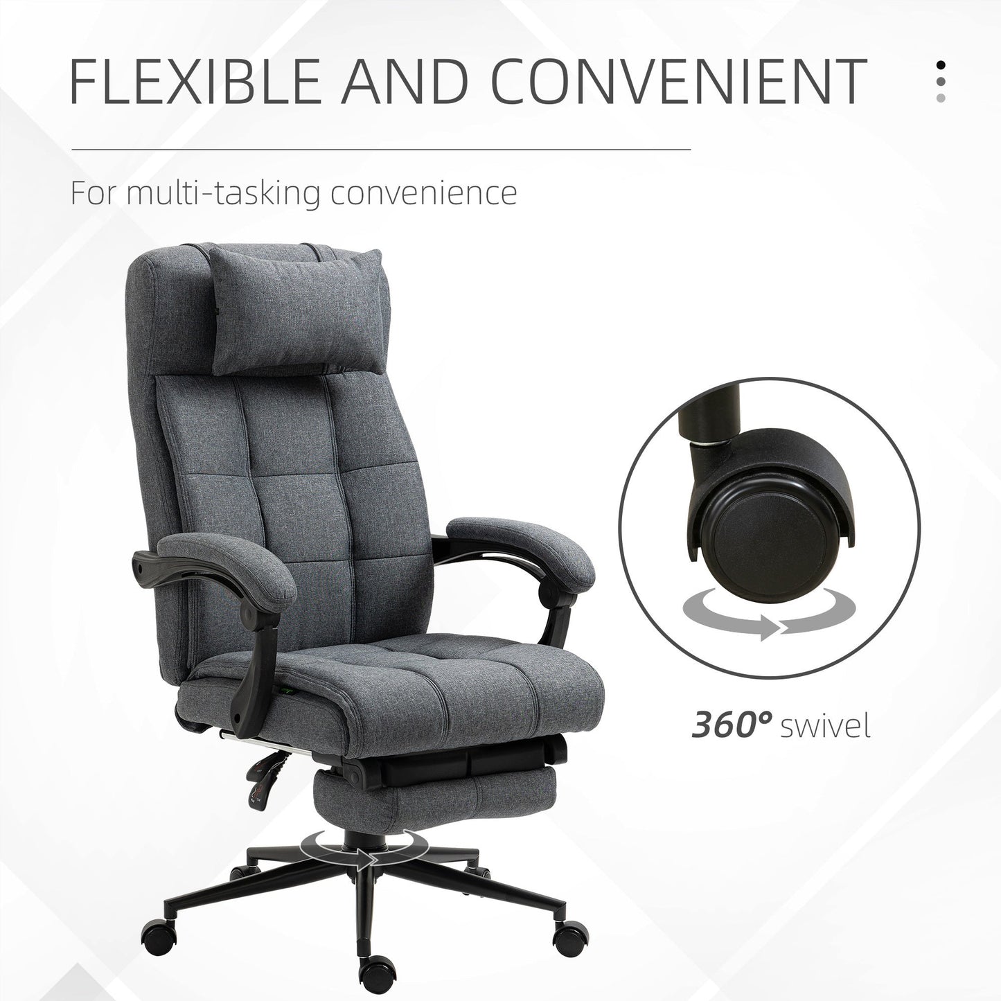 Executive Linen-Feel Fabric Office Chair High Back Swivel Task Chair with Adjustable Height Upholstered Retractable Footrest, Headrest and Padded Armrest, Dark Grey