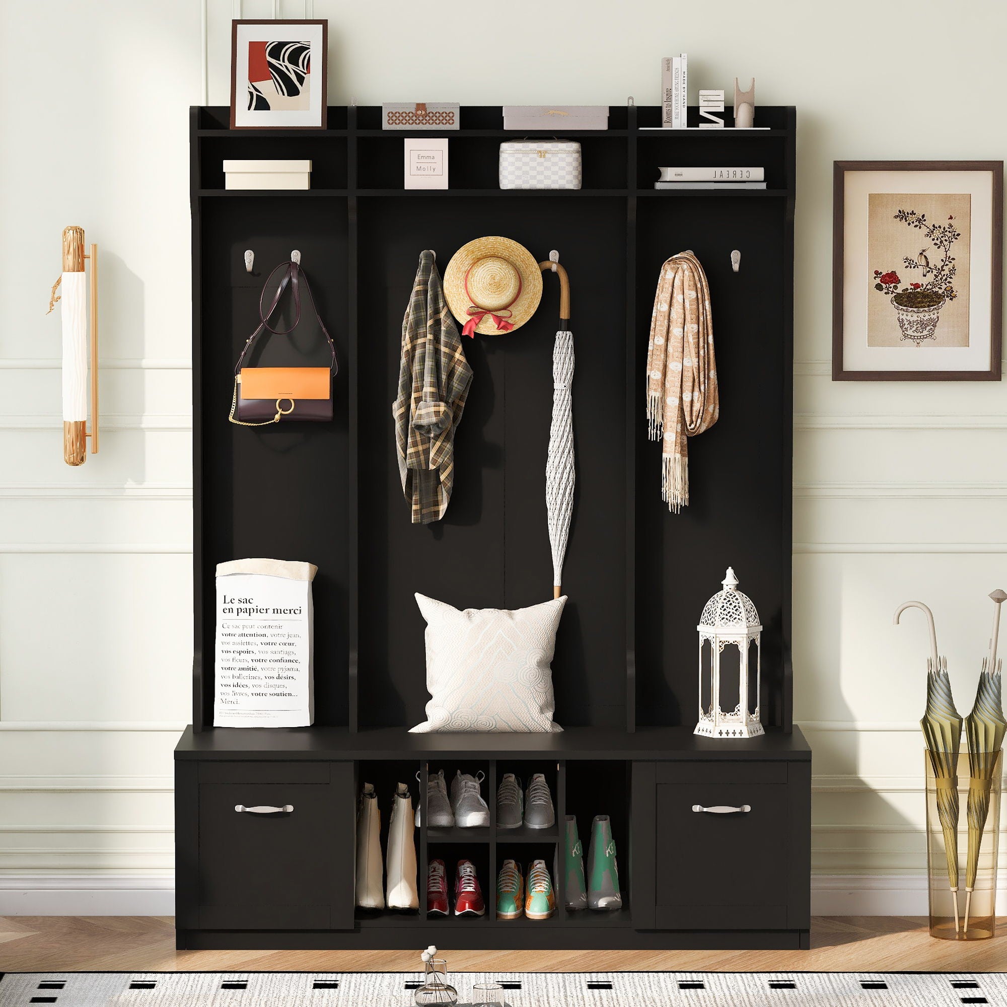 5 In 1 Entryway Bench With Coat Rack, 7 Sturdy Hooks, 2 Spacious Drawers And Adjustable Shelves