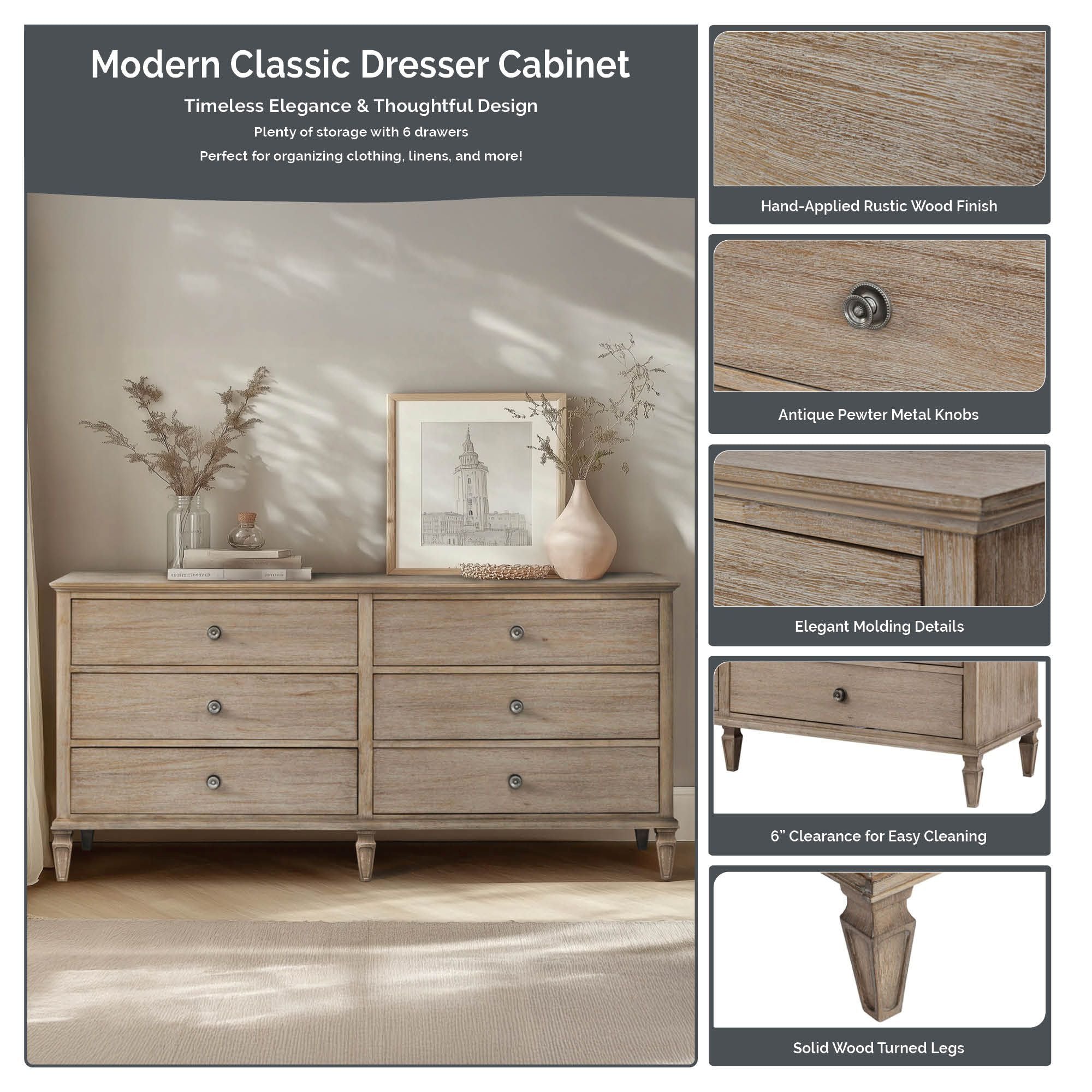 Victoria - 6-Drawer Dresser (70") - Reclaimed Gray