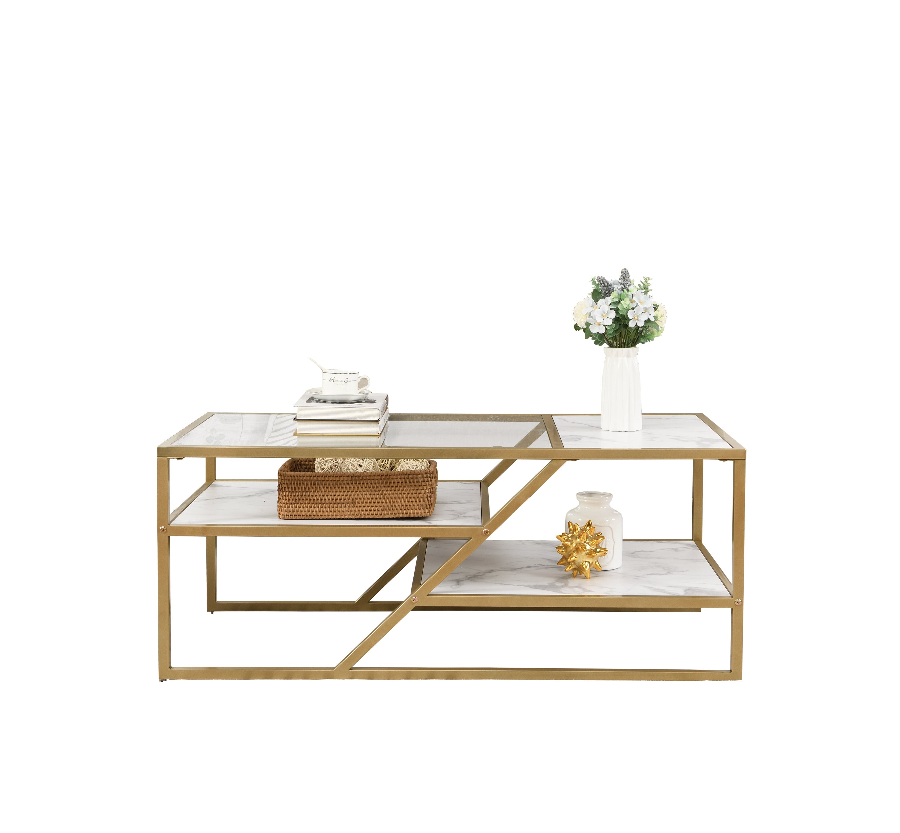 Golden Coffee Table with Storage Shelf, Tempered Glass Coffee Table with Metal Frame for Living Room&Bedroom