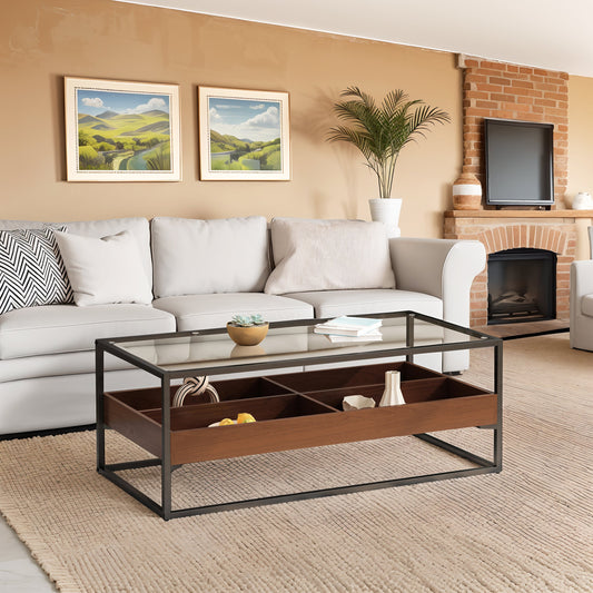 47.24"Rectangle Glass Coffee Table with storage shelf and metal table legs , Home Furniture for Living Room