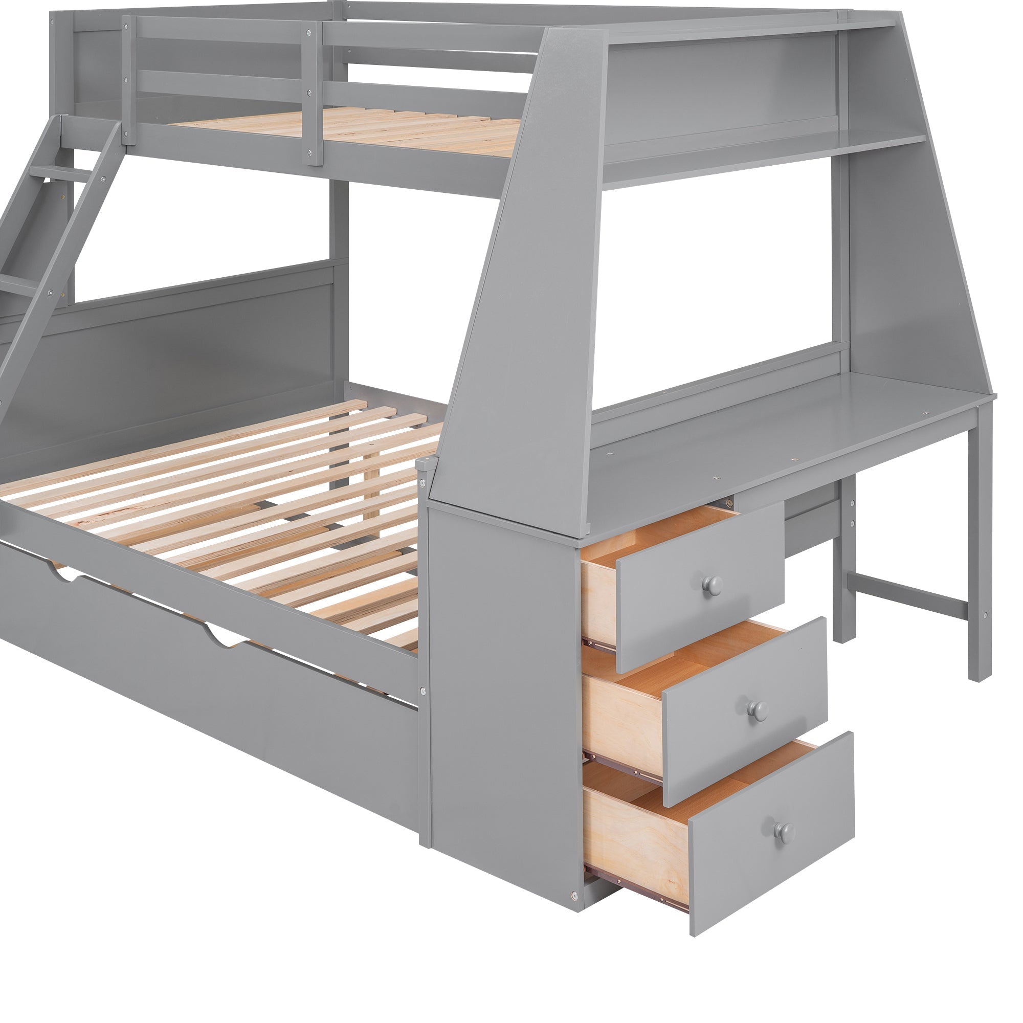 Twin over Full Bunk Bed with Trundle and Built-in Desk, Three Storage Drawers and Shelf,Gray