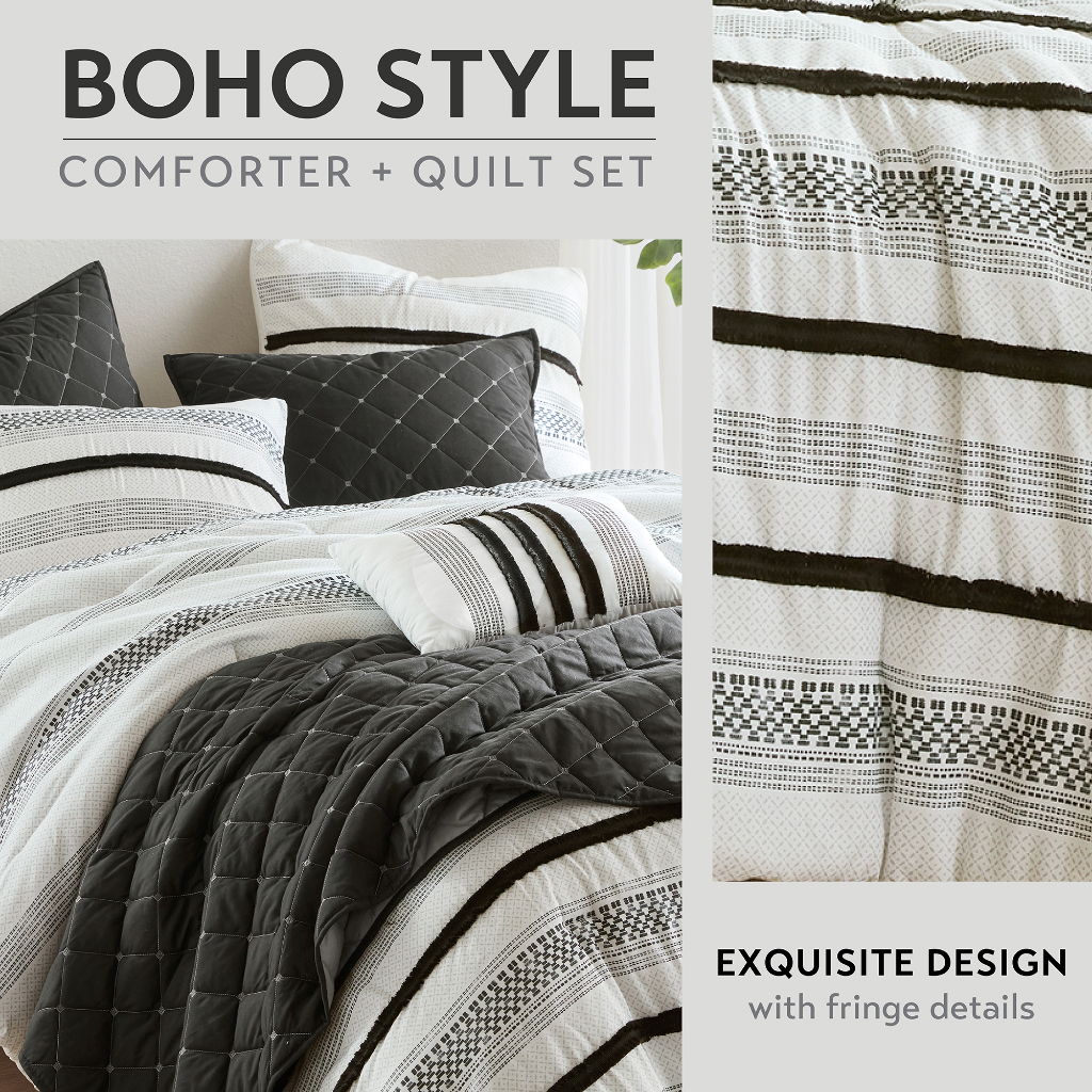 Carolina - 7 Piece King/California King Stripe Comforter And Quilt Set - Black