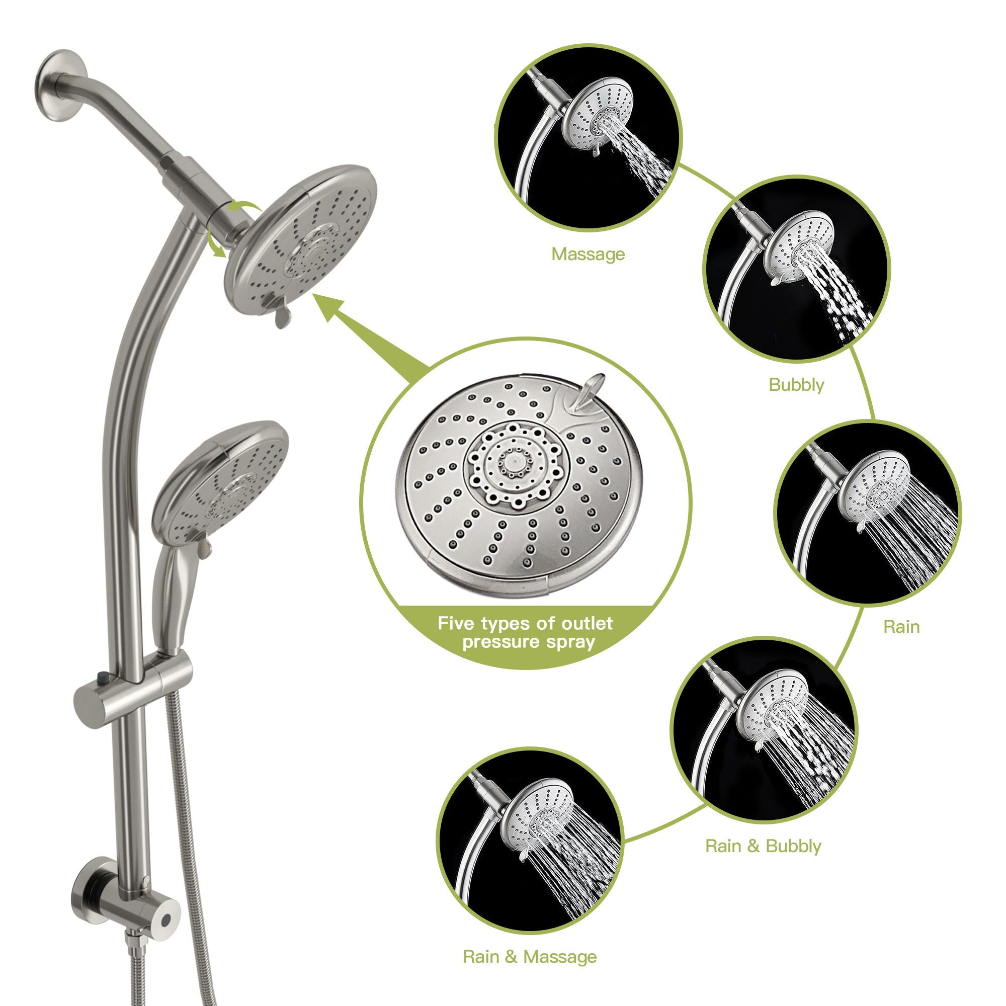 Dual Shower Head With Adjustable Slide Bar And Multi Function Settings