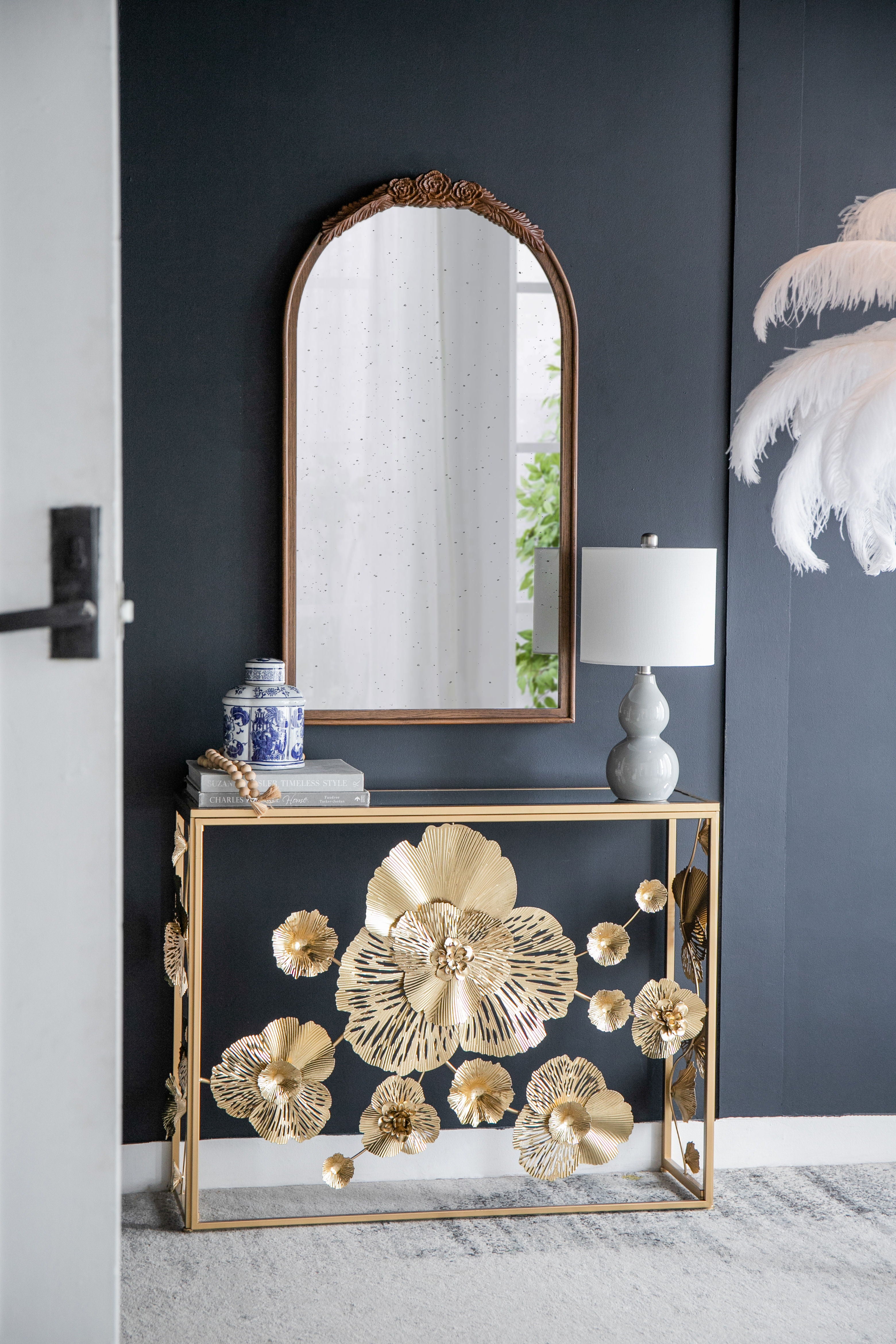 Hand Carved Rose Antique Mirror Frame, Wood Arch Mirror Wall Decor For Living Room