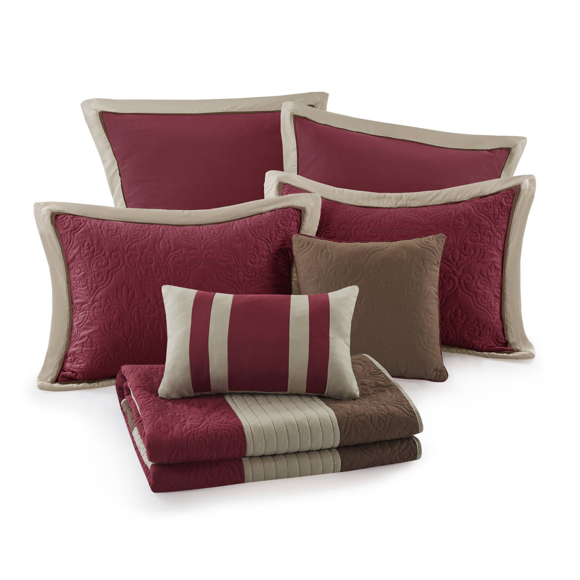 Attingham - Full/Queen 7 Piece Quilt Set With Euro Shams And Throw Pillows - Red