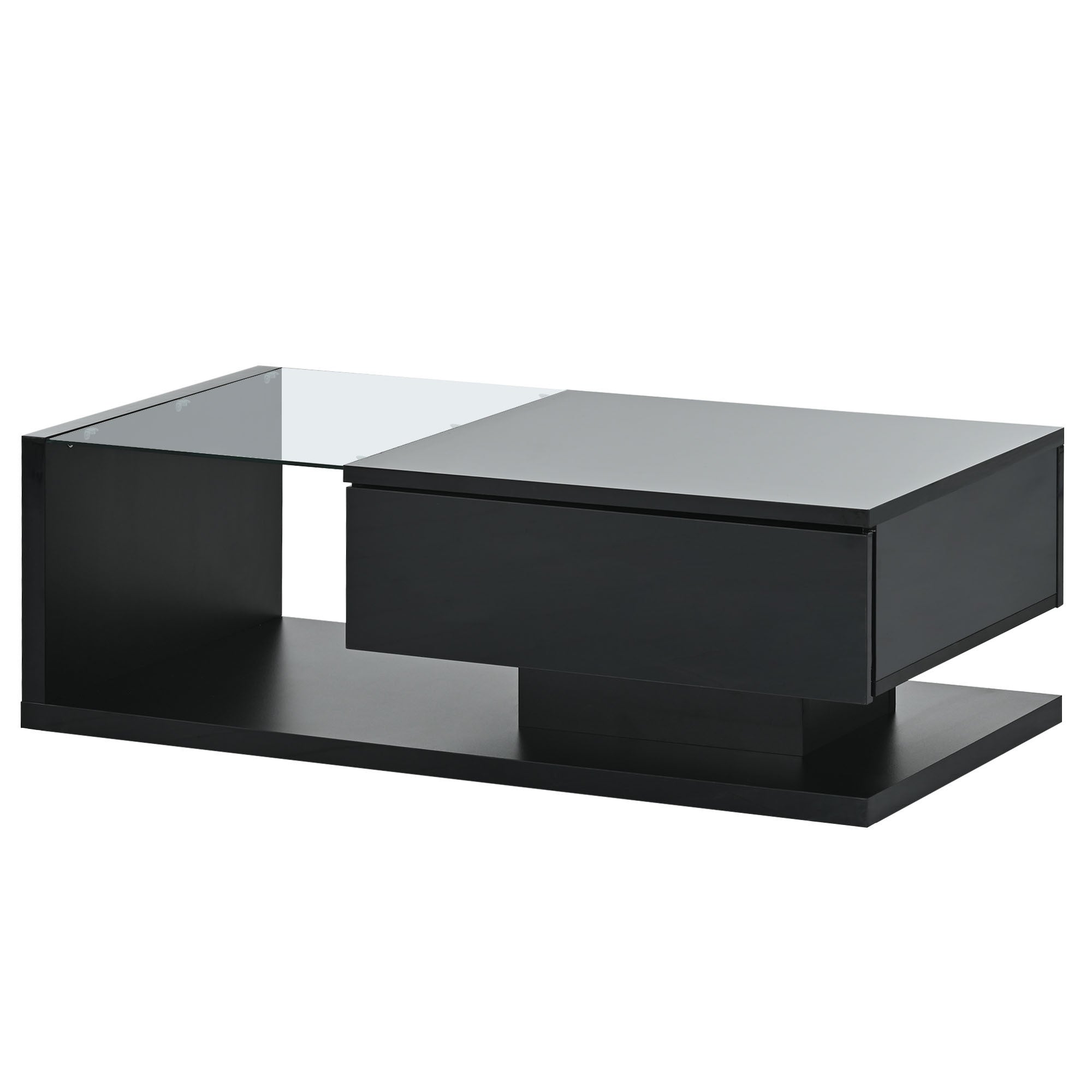 Modern Coffee Table with Tempered Glass, Wooden Cocktail Table with High-gloss UV Surface, Modernist 2-Tier Rectangle Center Table for Living Room, Black