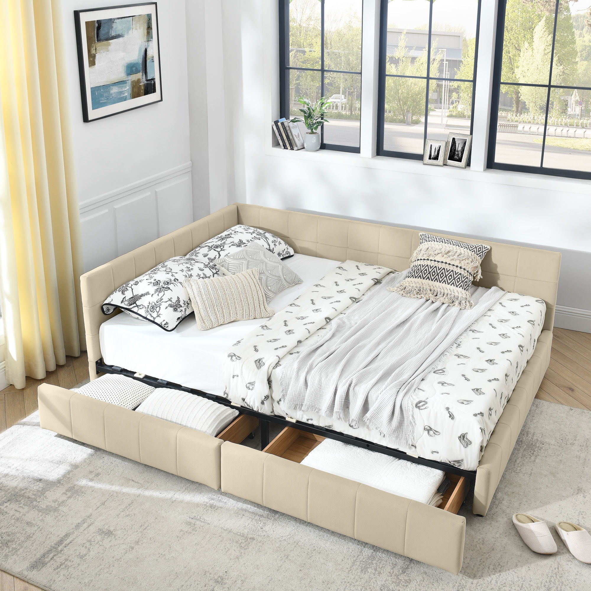 Mid-Century Storage Upholstered Tufted Bed Frame With Backrest And Armrests