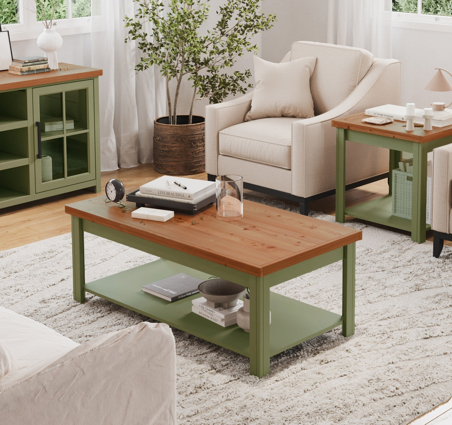 Bridgevine Home Vineyard 48 inch Coffee Table, No Assembly Required, Sage Green and Fruitwood Finish