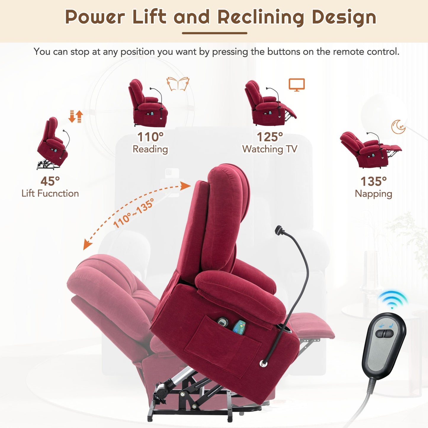 Power Lift Recliner Chair Electric Recliner for Elderly Recliner Chair with Massage and Heating Functions, Remote, Phone Holder Side Pockets and Cup Holders for Living Room, Red