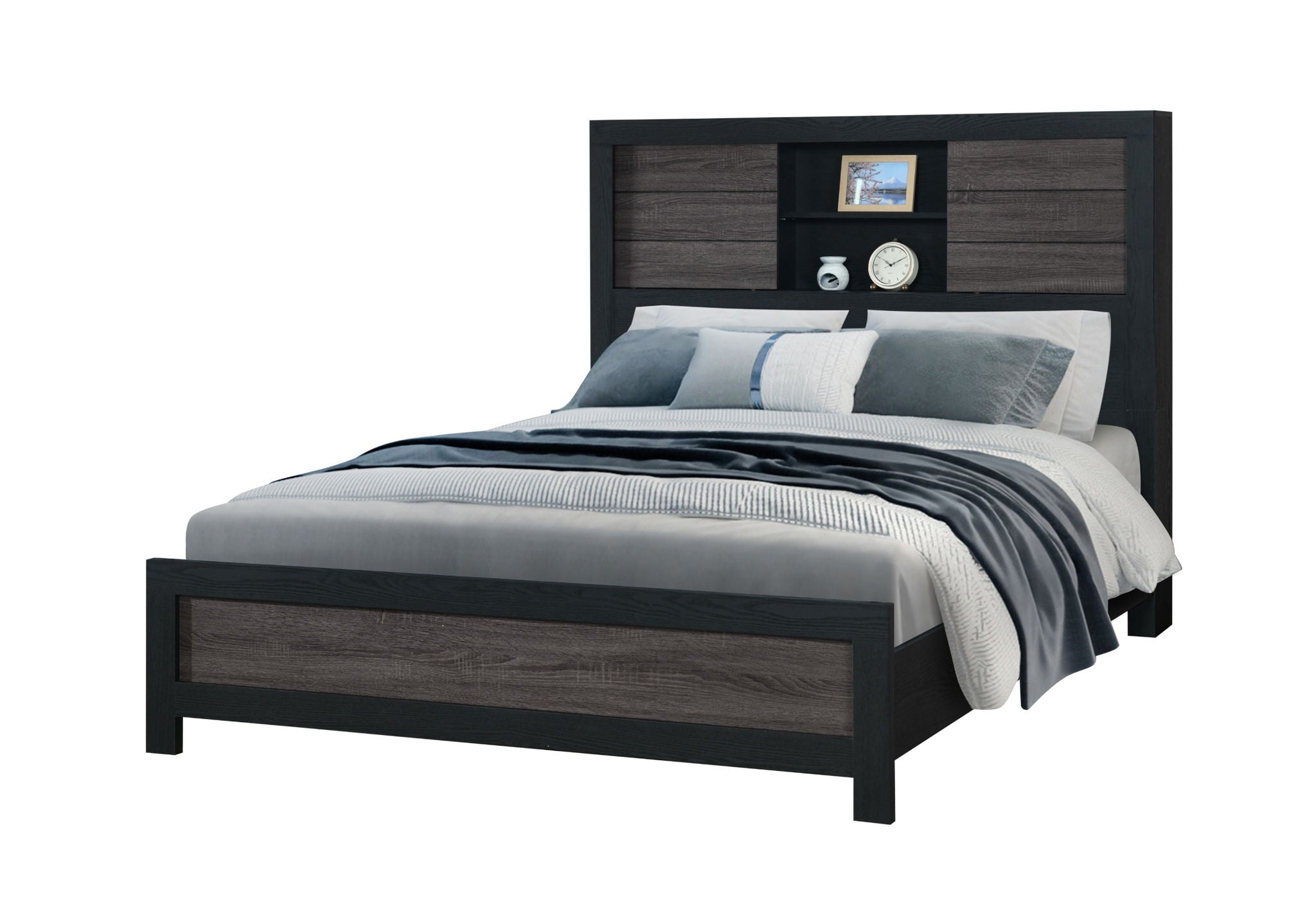 Lisbon - Queen Bookcase Bed Headboard Footboard - Gray Black
