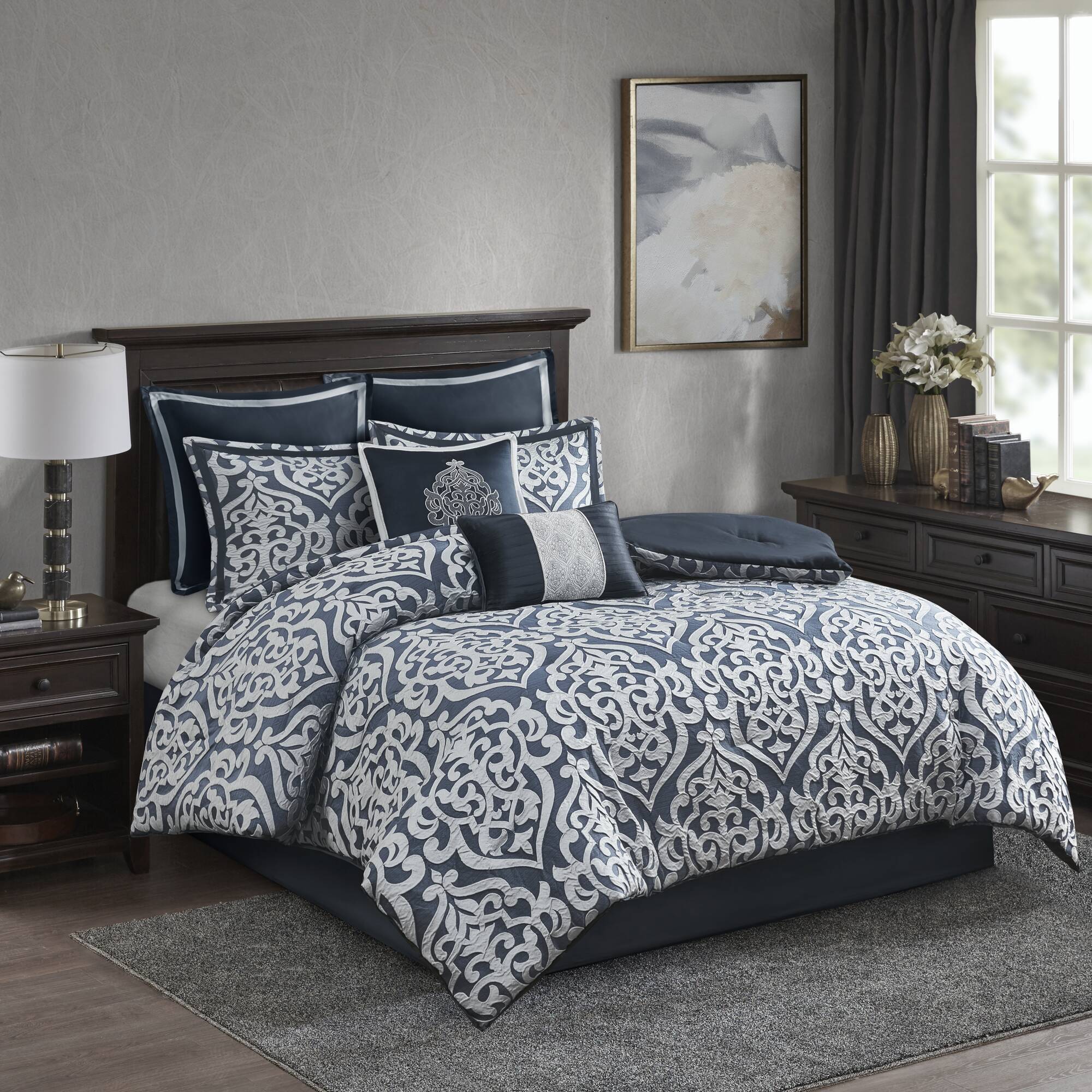 Odette - King 8 Piece Comforter Set - Navy