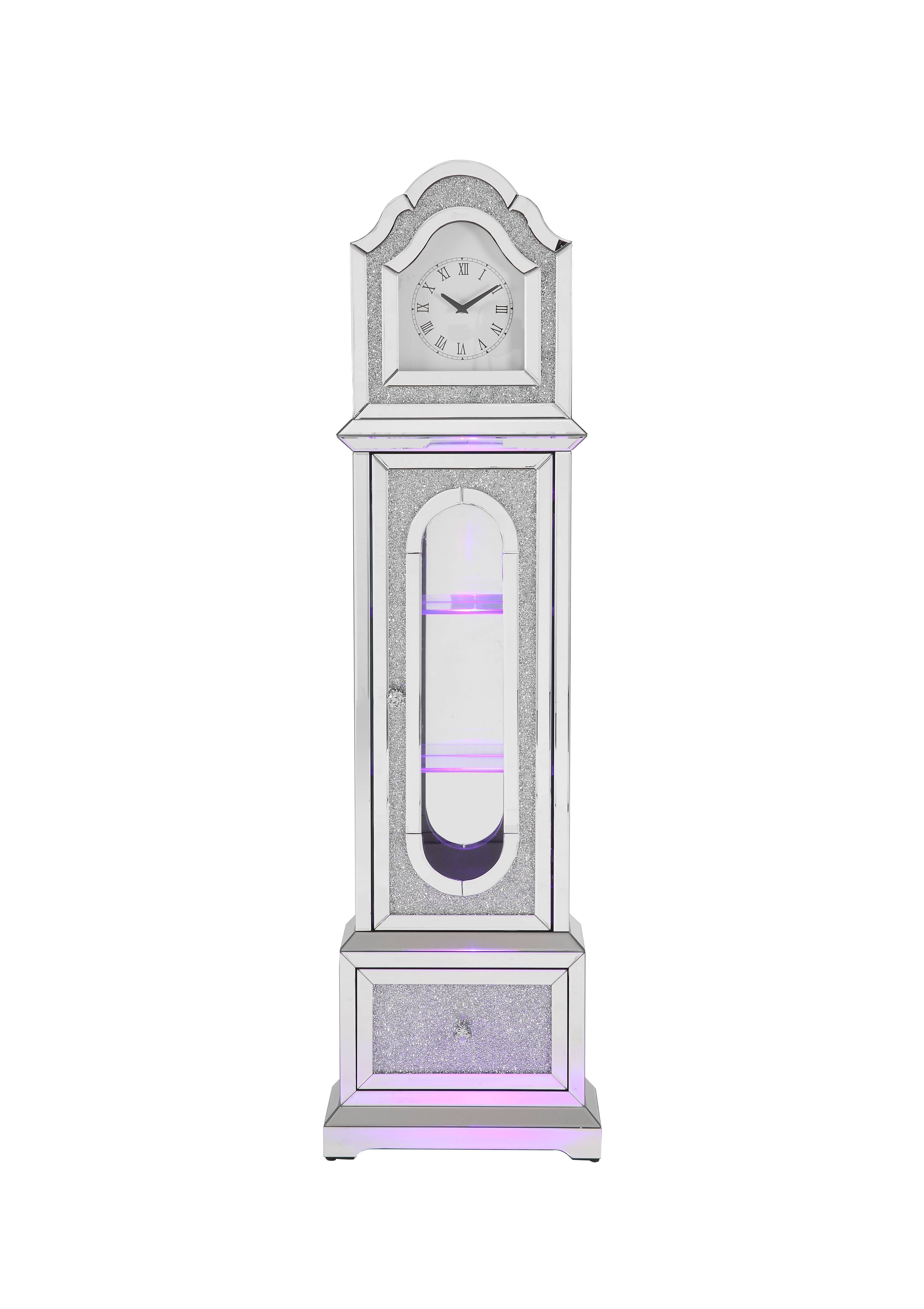 Noralie - Mirrored & Faux Diamonds Grandfather Clock With LED - Silver Gray