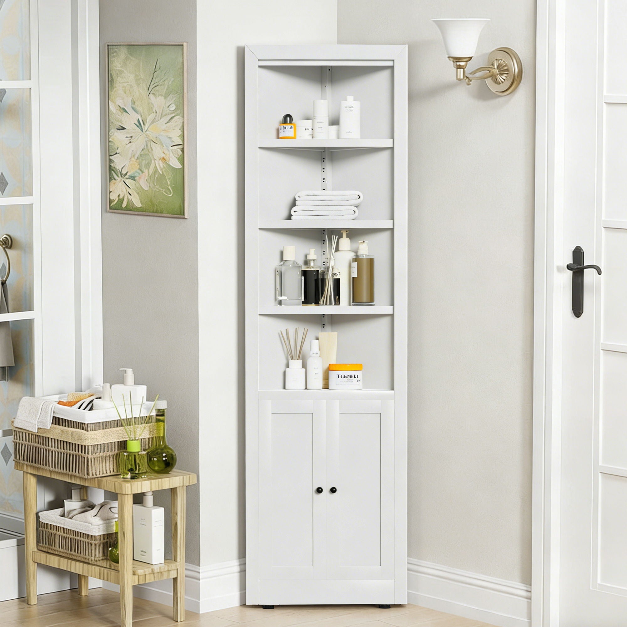 Tall Corner Storage Cabinet With 2 Doors, 5-Tier With Adjustable Shelve, Freestanding - White