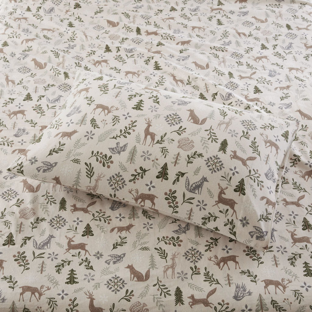 Cozy Flannel - 4 Piece Queen Printed Sheet Set - Tan land Winter
