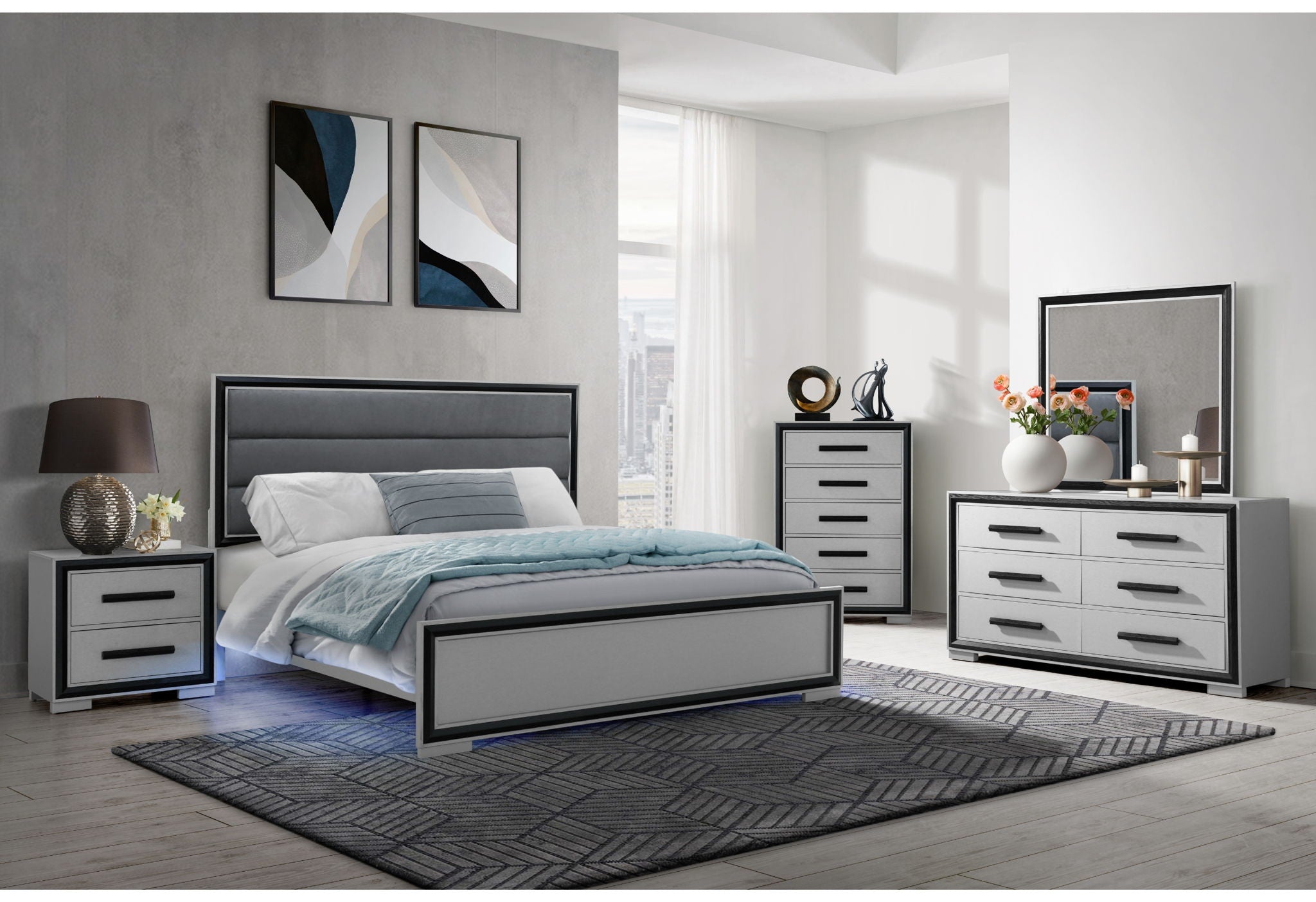 Amelia - Twin Bed Full Bed Siderails With LED - Gray Black