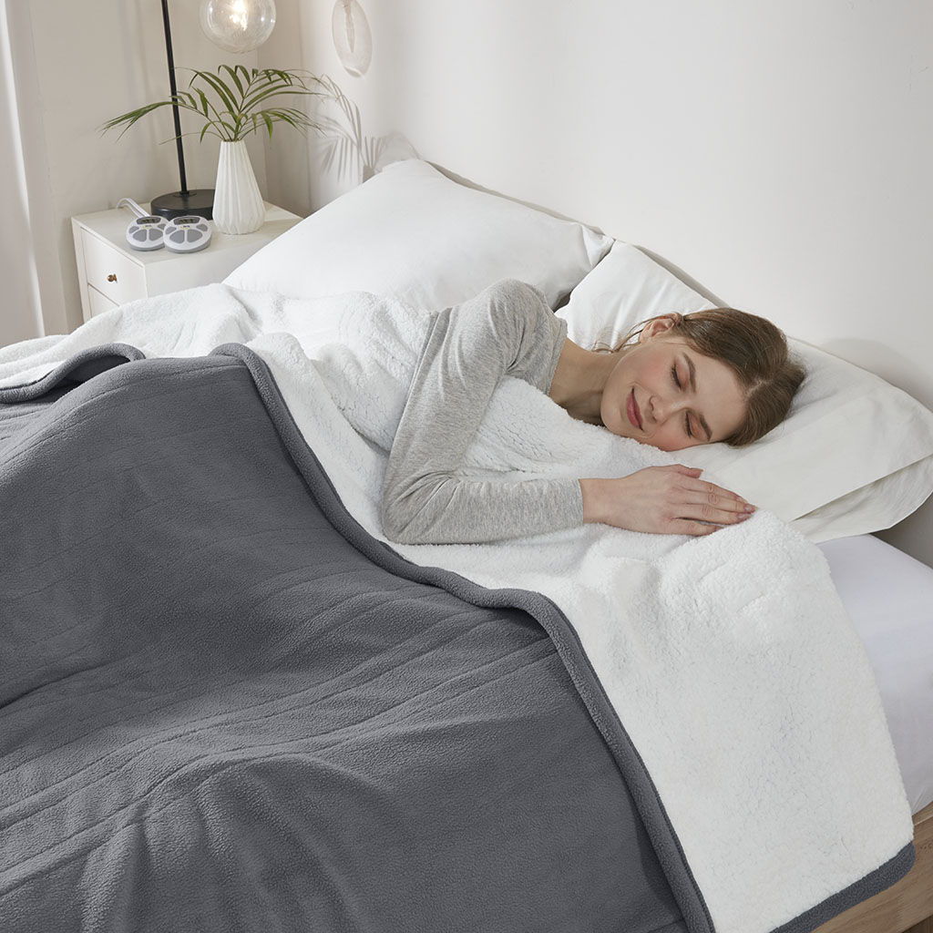 Fleece to Sherpa - Full Heated Blanket - Dark Gray