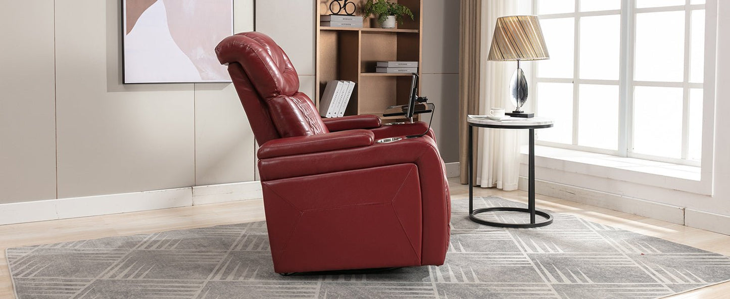 270 Degree Swivel PU Leather Power Recliner Individual Seat Home Theater Recliner with  Comforable Backrest, Tray Table,  Phone Holder, Cup Holder,  USB Port, Hidden Arm Storage for Living Room, Red