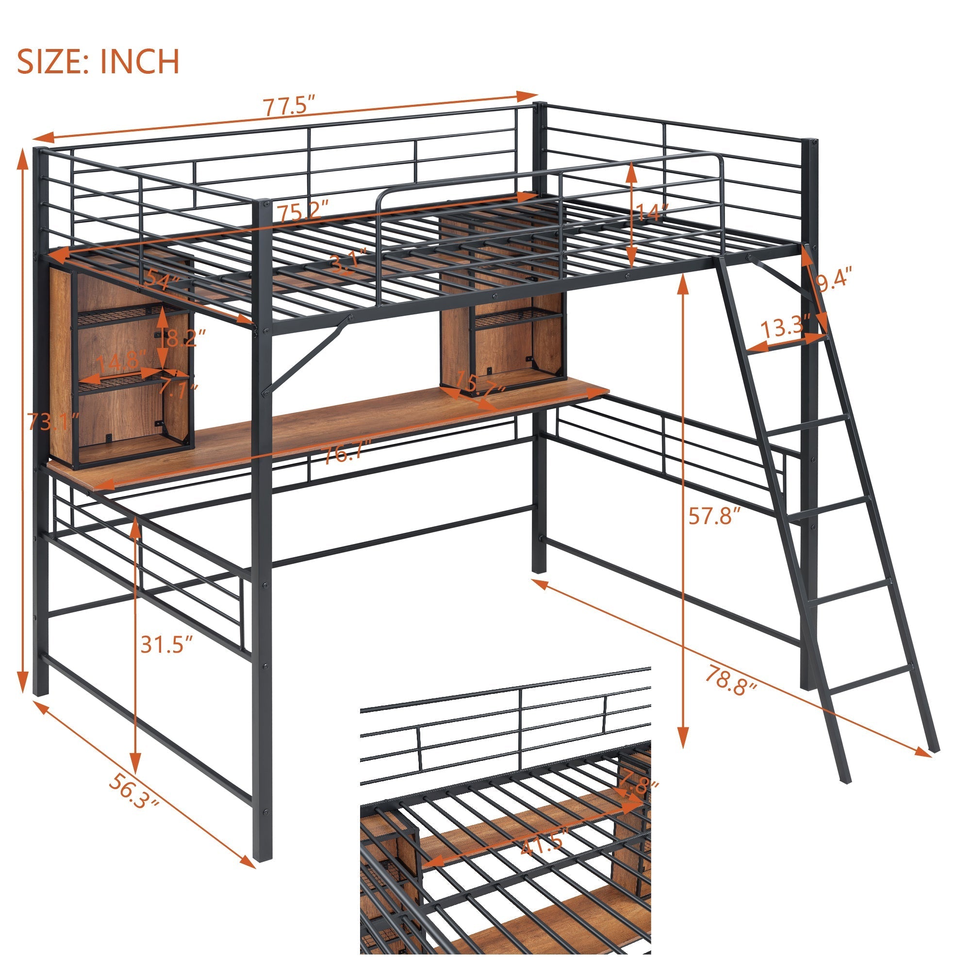 Full Size Loft Bed with Desk and Shelf , Loft Bed with Ladder,Full,Black