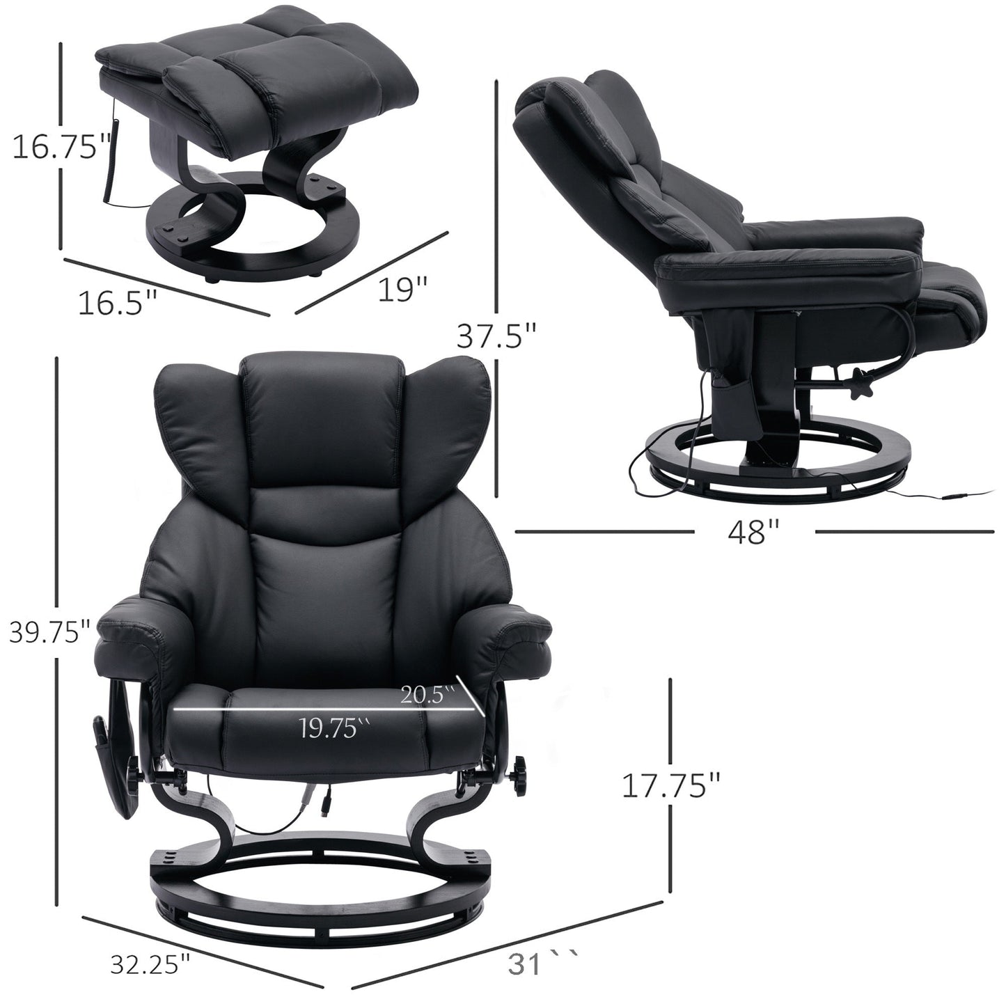 Massage Recliner and Ottoman, PU Leisure Office Chair with 10 Vibration Points, Adjustable Backrest, Side Pocket and Remote Control, for Living Room, Study, Bedroom, Black