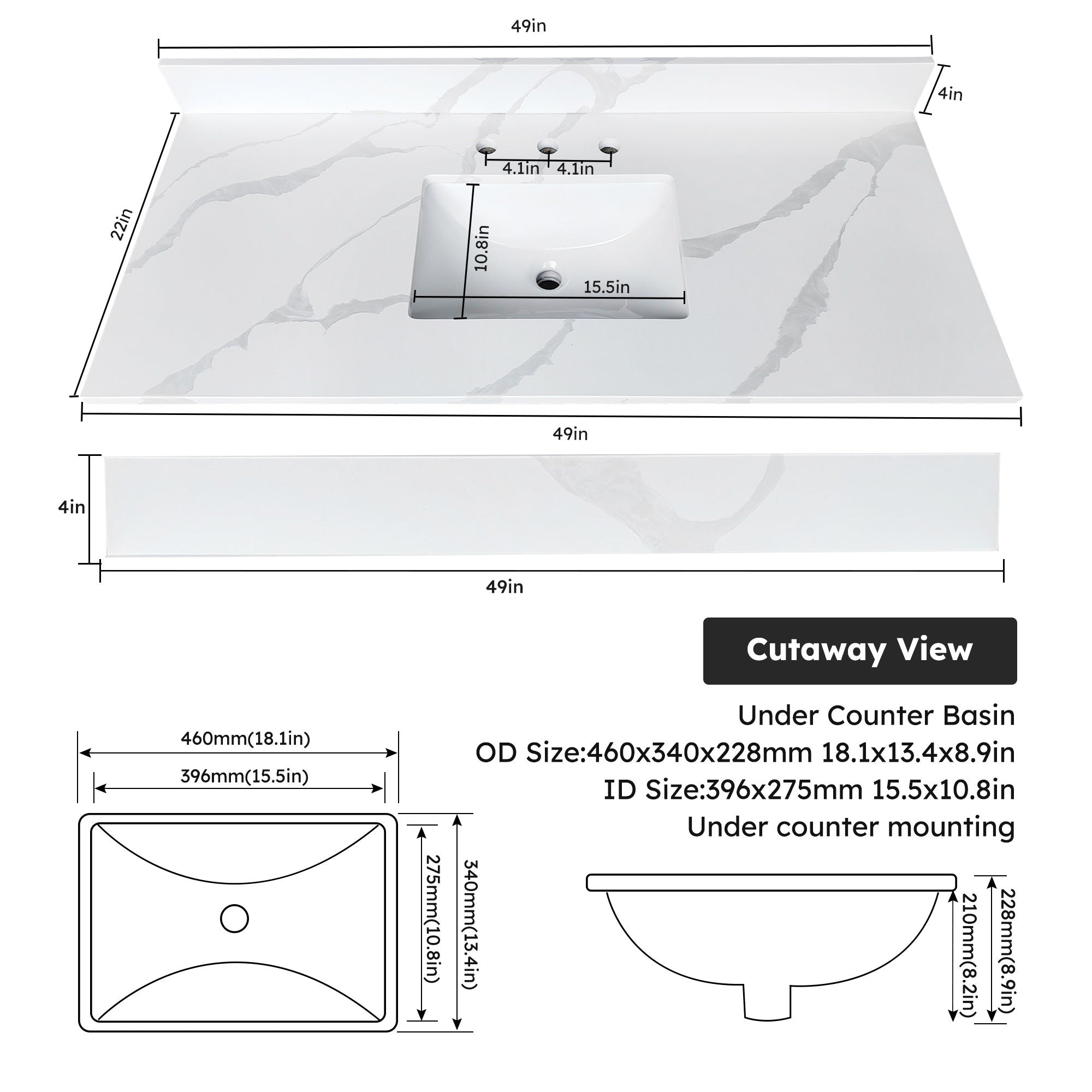 Bathroom Vanity Top With Undermount Sink, 3 Pre Drilled Holes