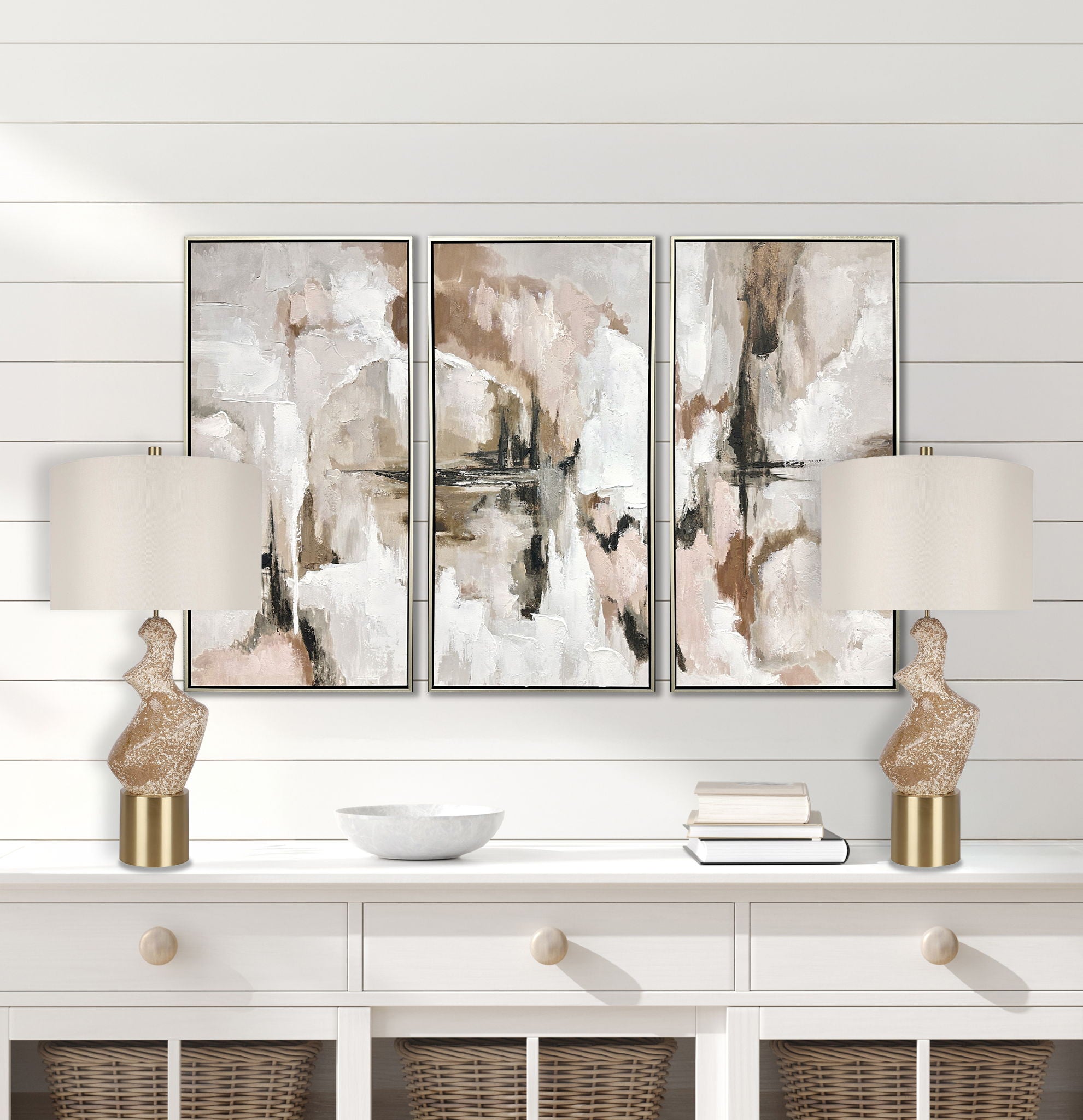 "Sculptural Serenity" Ceramic Table Lamp (Set of 2) - Stone / Soft Gold