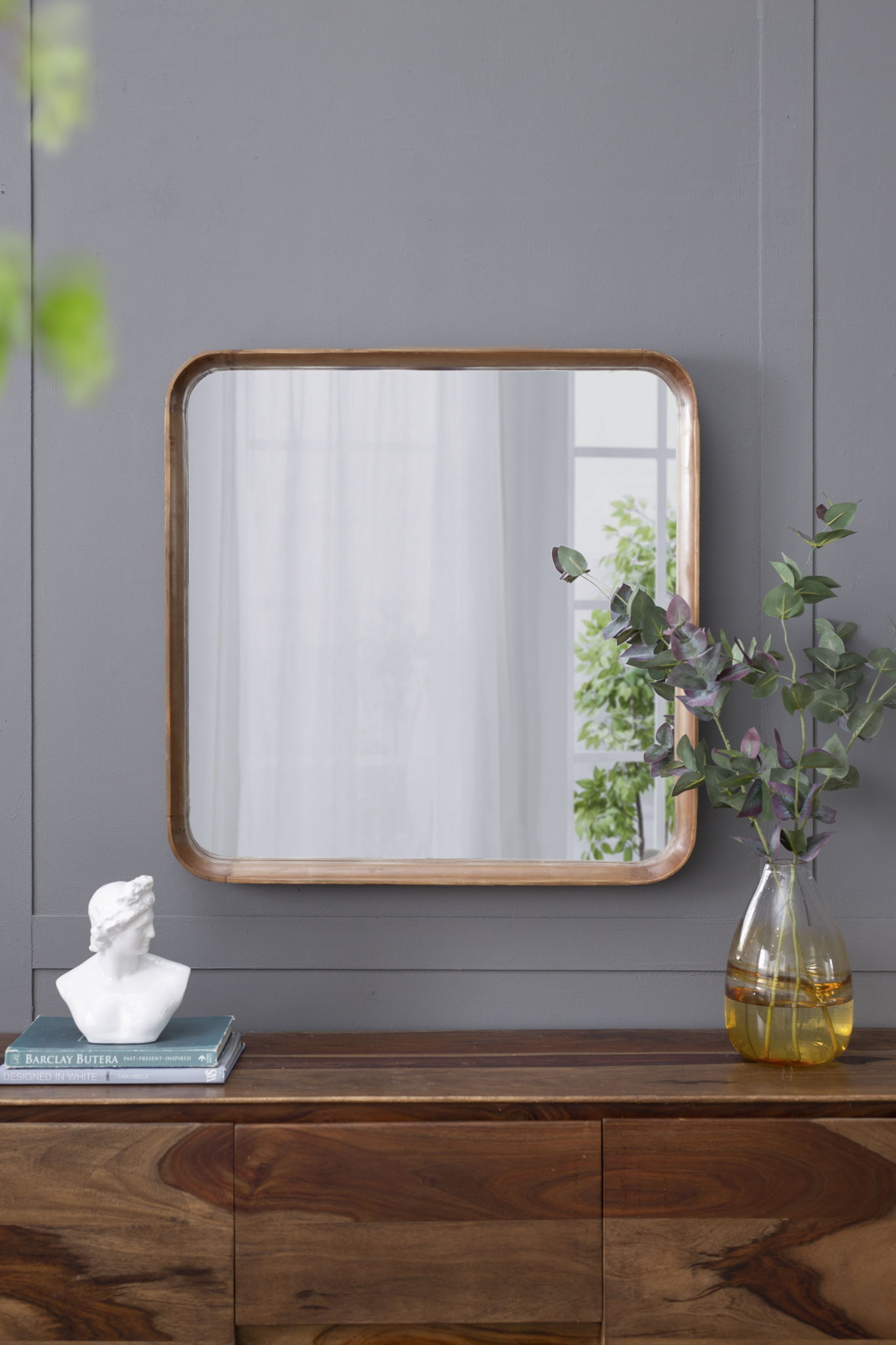 Square Mirror With Wood Frame, Wall Mirror For Living Room Bathroom Entryway - Brown