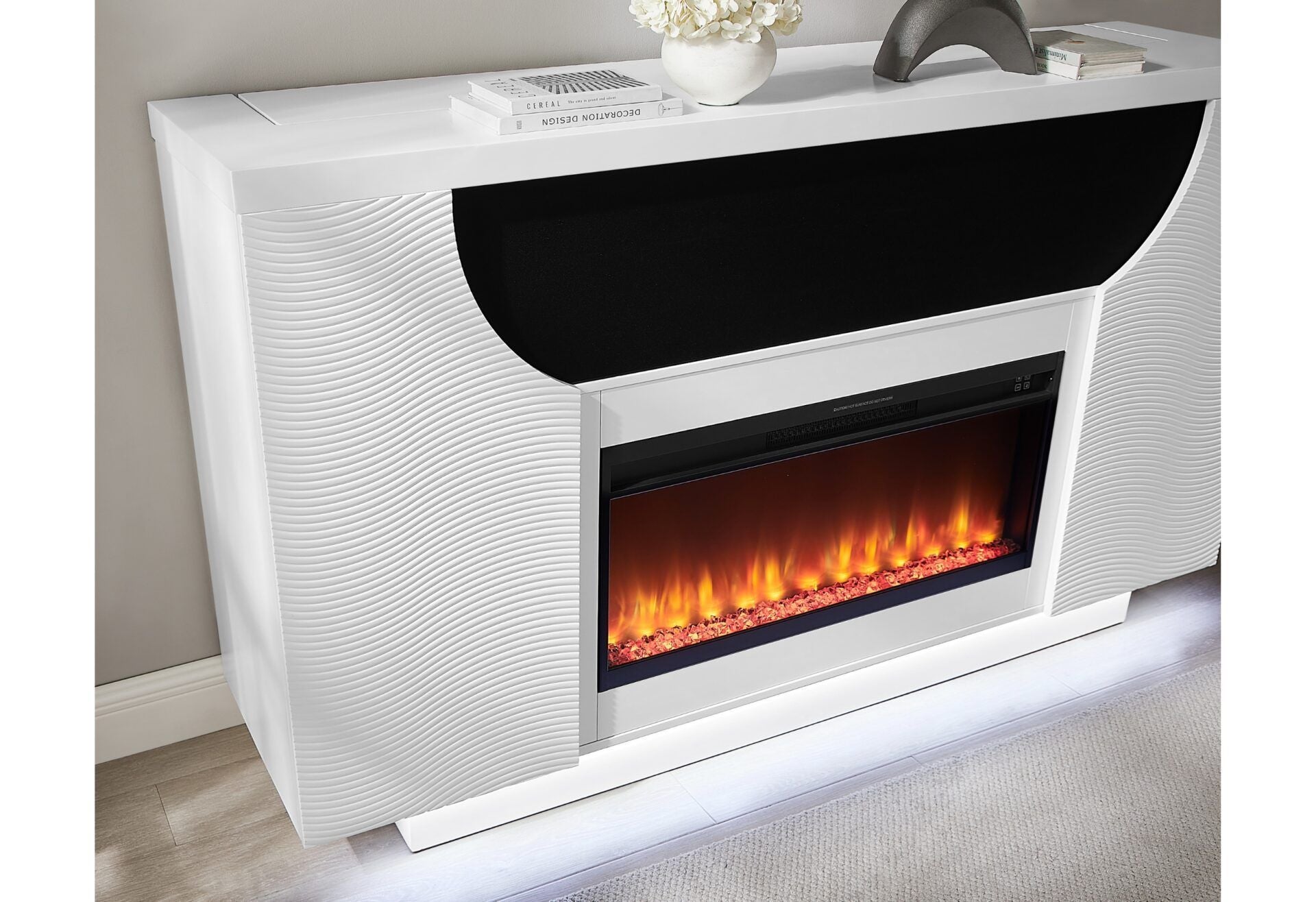 Aveena - 76" Entertainment Unit With TV, LED, Speakers, Crystal Inserts And Pop Up Center Doors - White