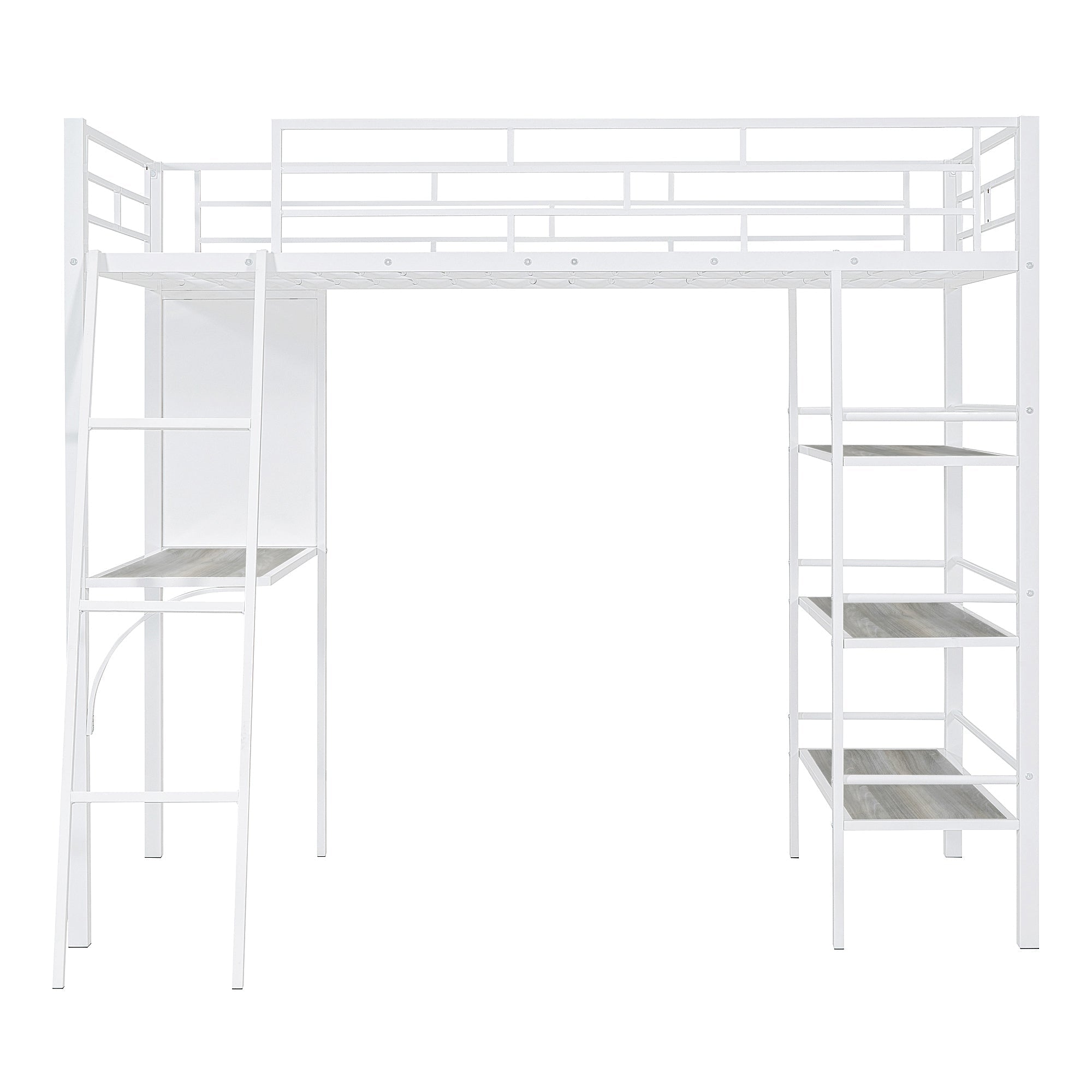 Twin Size Loft Metal Bed with 3 Layers of Shelves and Desk, Stylish Metal Frame Bed with Whiteboard, White