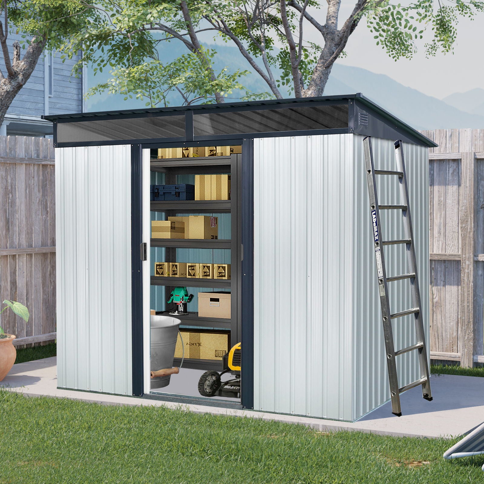 Outdoor Metal Storage Shed And Transparent Plate For Garden, Lawn