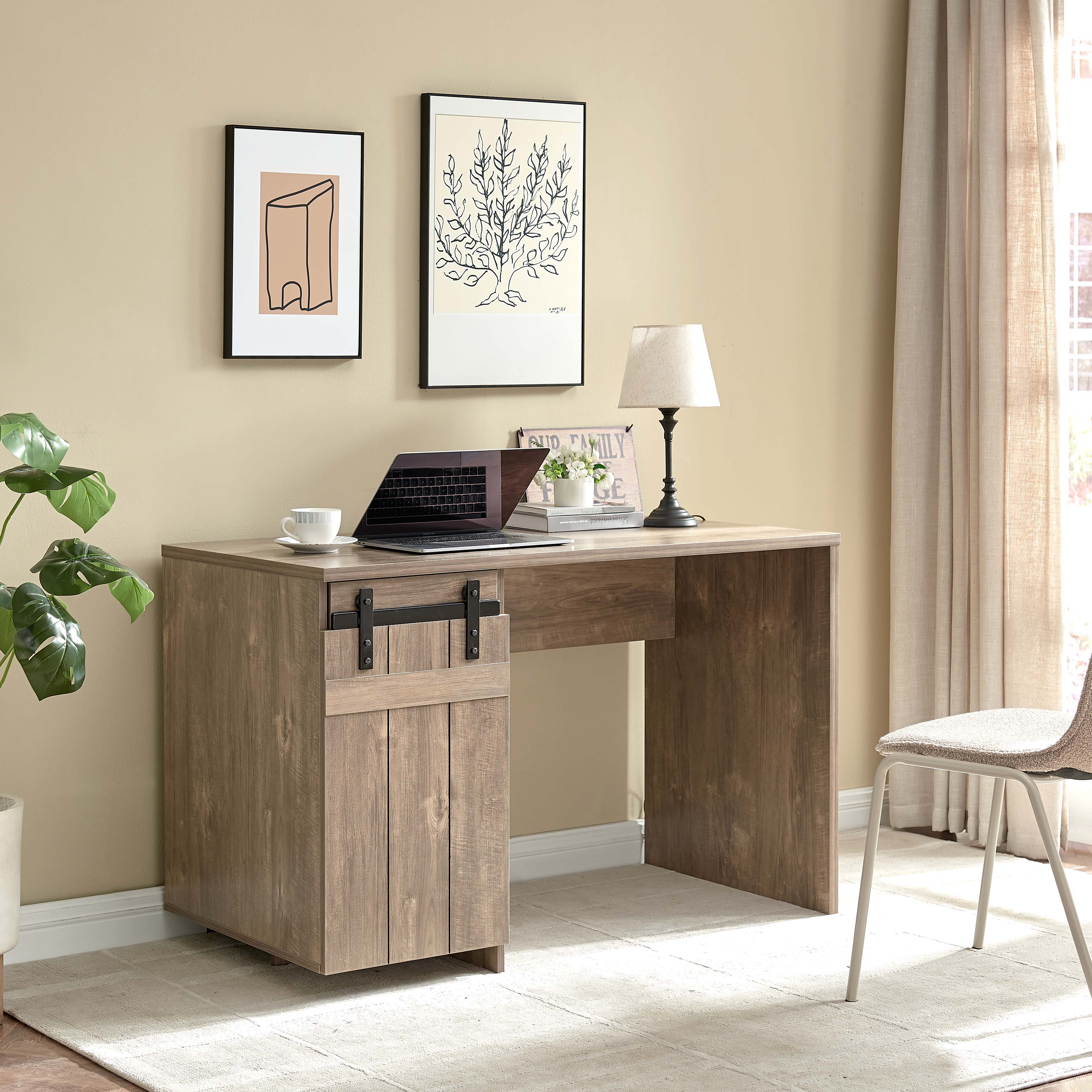 Home Office Desk Hazelnut One Cabinet Three Shelves Faux Barn Door On Metal Euro Hinges Modesty Panel - Light Brown