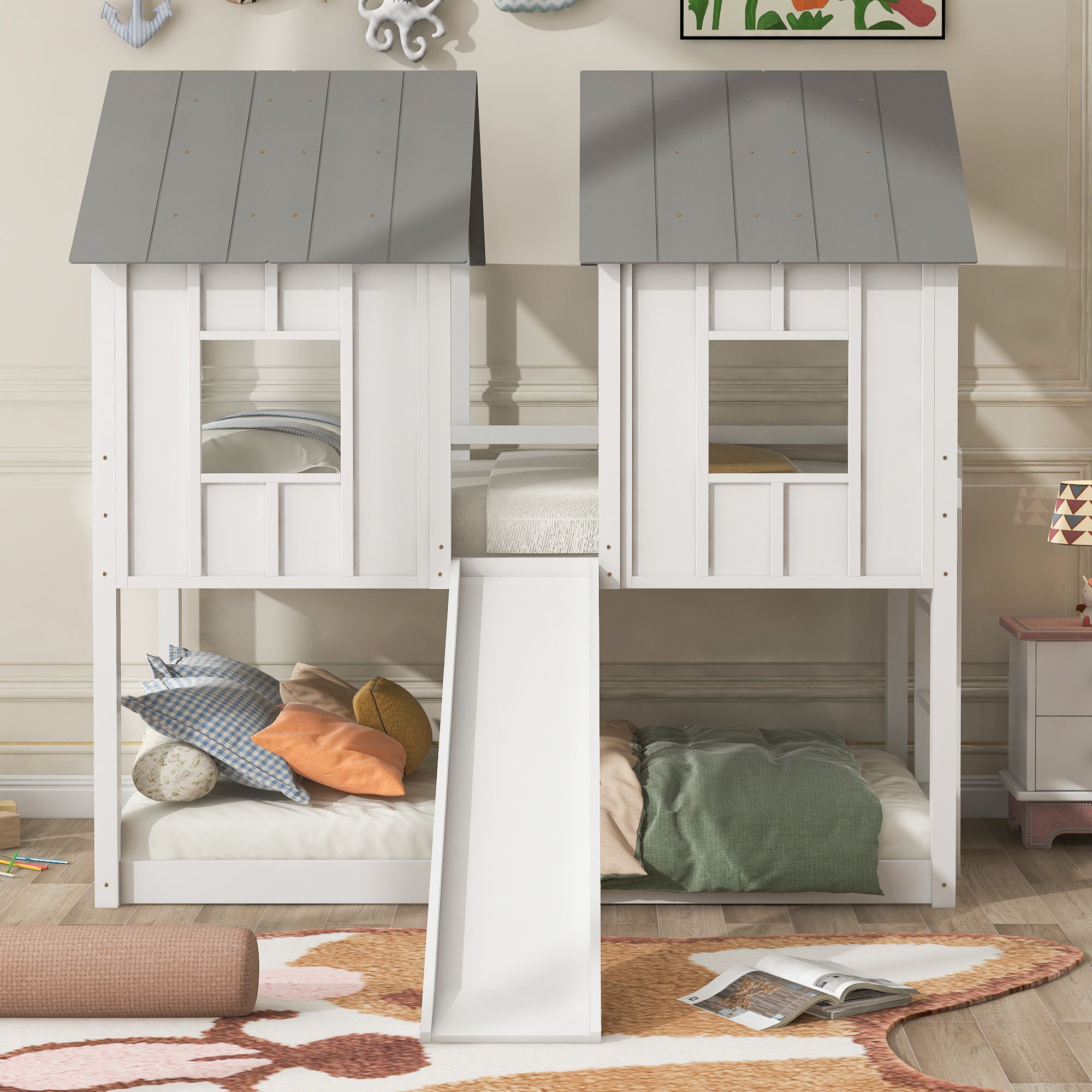 Twin Over Twin House Bunk Bed With Slide And Windows - White / Gray
