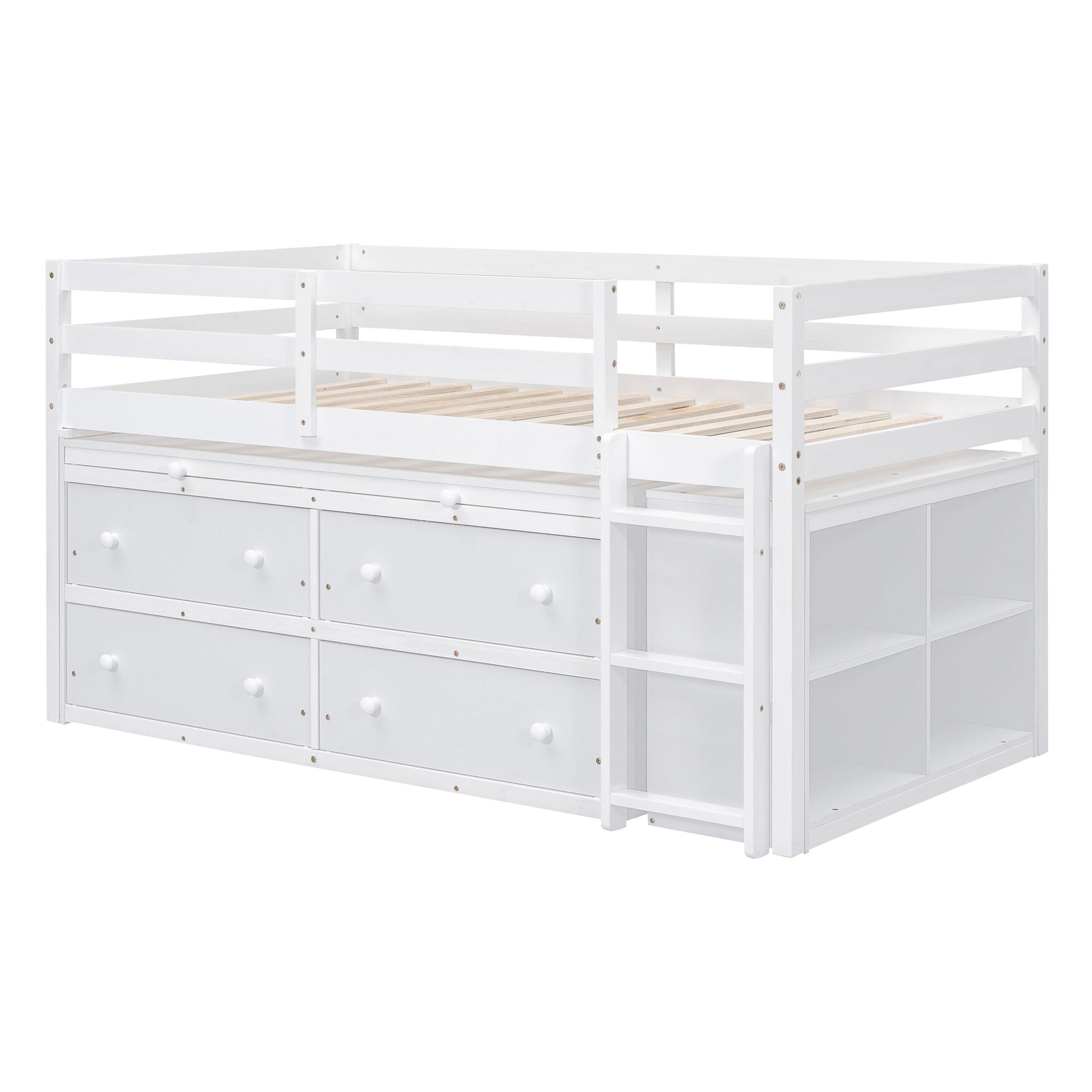 Twin Size Loft Bed with Retractable Writing Desk and 4 Drawers, Wooden Loft Bed with Lateral Portable Desk and Shelves, White